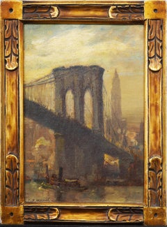 Antique American Impressionist New York City Brooklyn Bridge Cityscape Painting