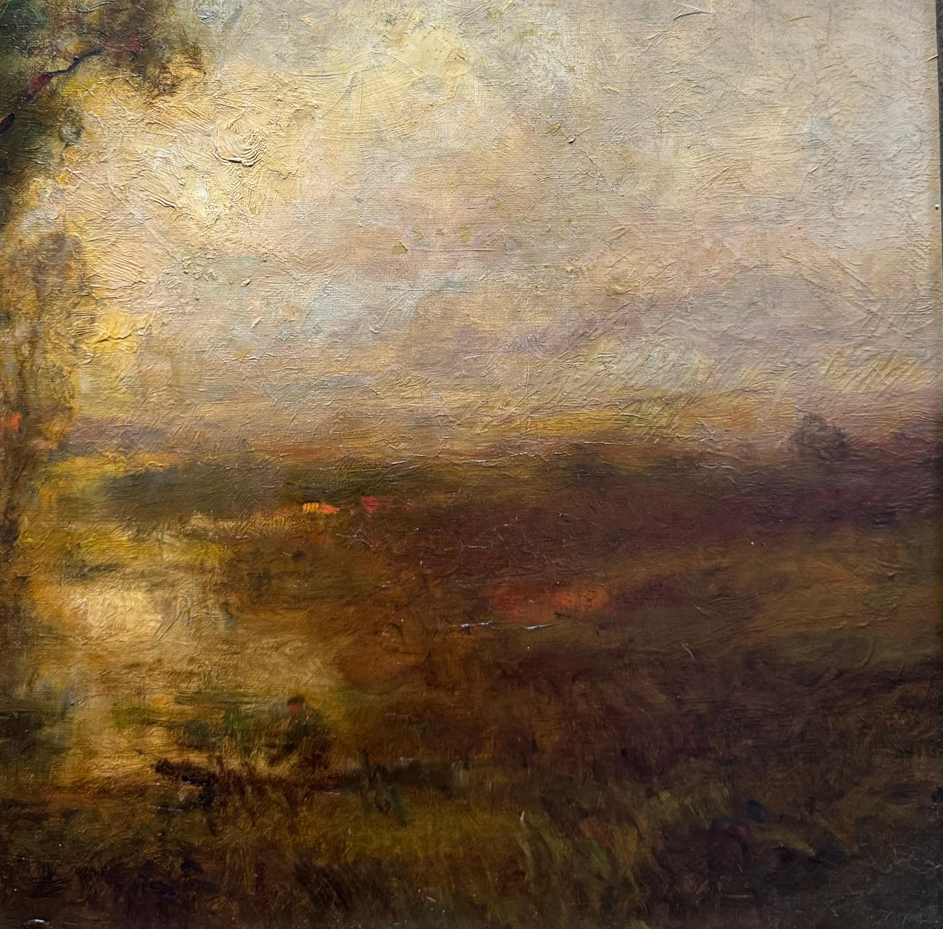 Antico 1900 Americano SUNSET Luminoso Paesaggio Ruscello Figura Con Barca in vendita 5
