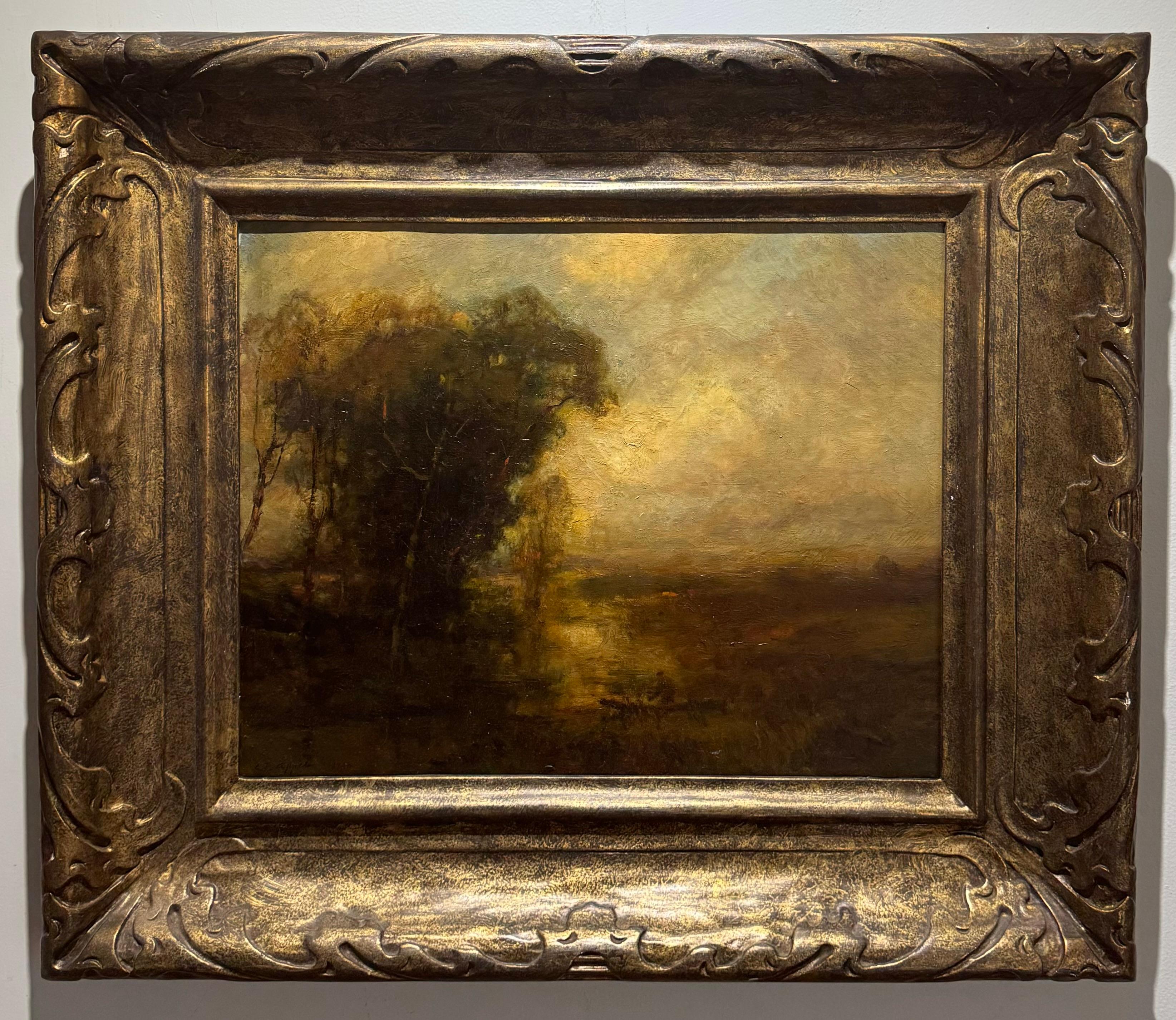 Antico 1900 Americano SUNSET Luminoso Paesaggio Ruscello Figura Con Barca - Painting di Charles P Appel