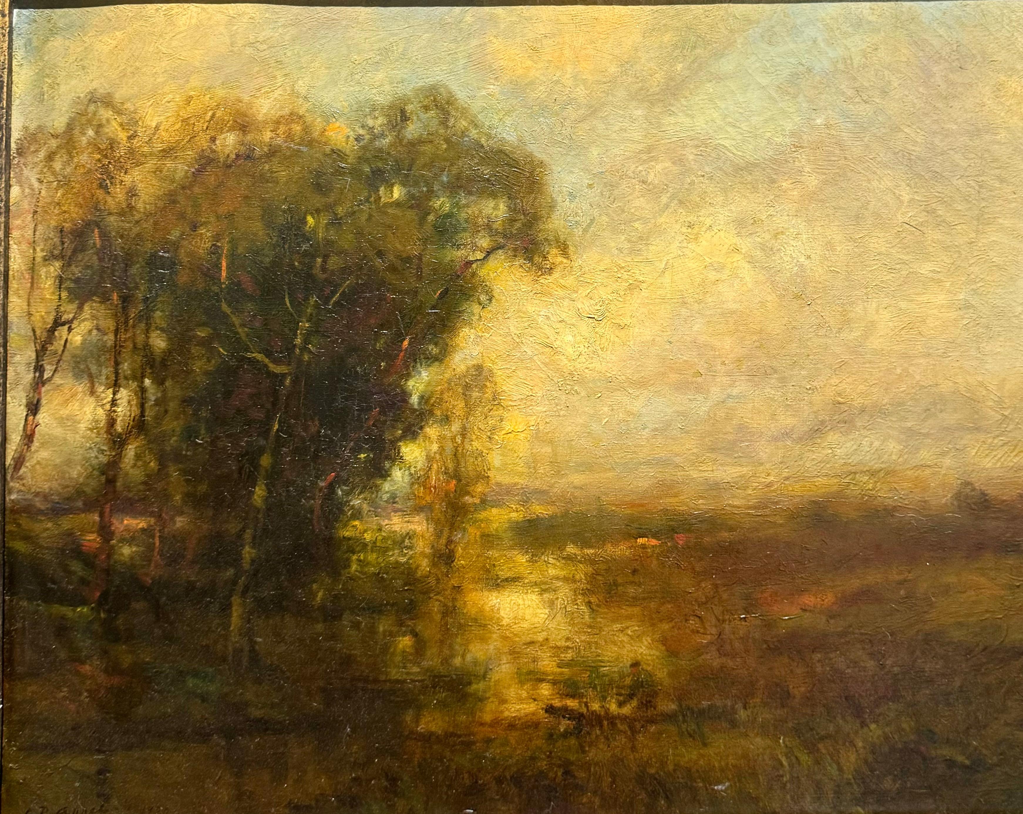 Antico 1900 Americano SUNSET Luminoso Paesaggio Ruscello Figura Con Barca - Painting Hudson River School di Charles P Appel