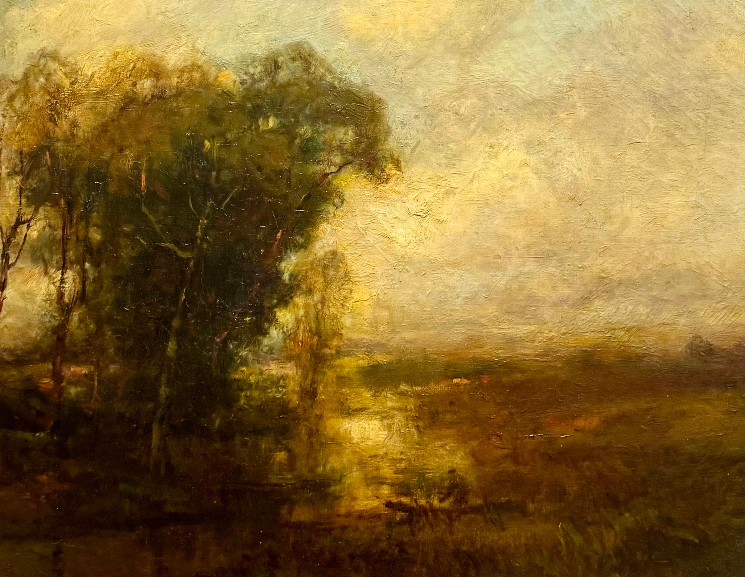 Antico 1900 Americano SUNSET Luminoso Paesaggio Ruscello Figura Con Barca in vendita 1