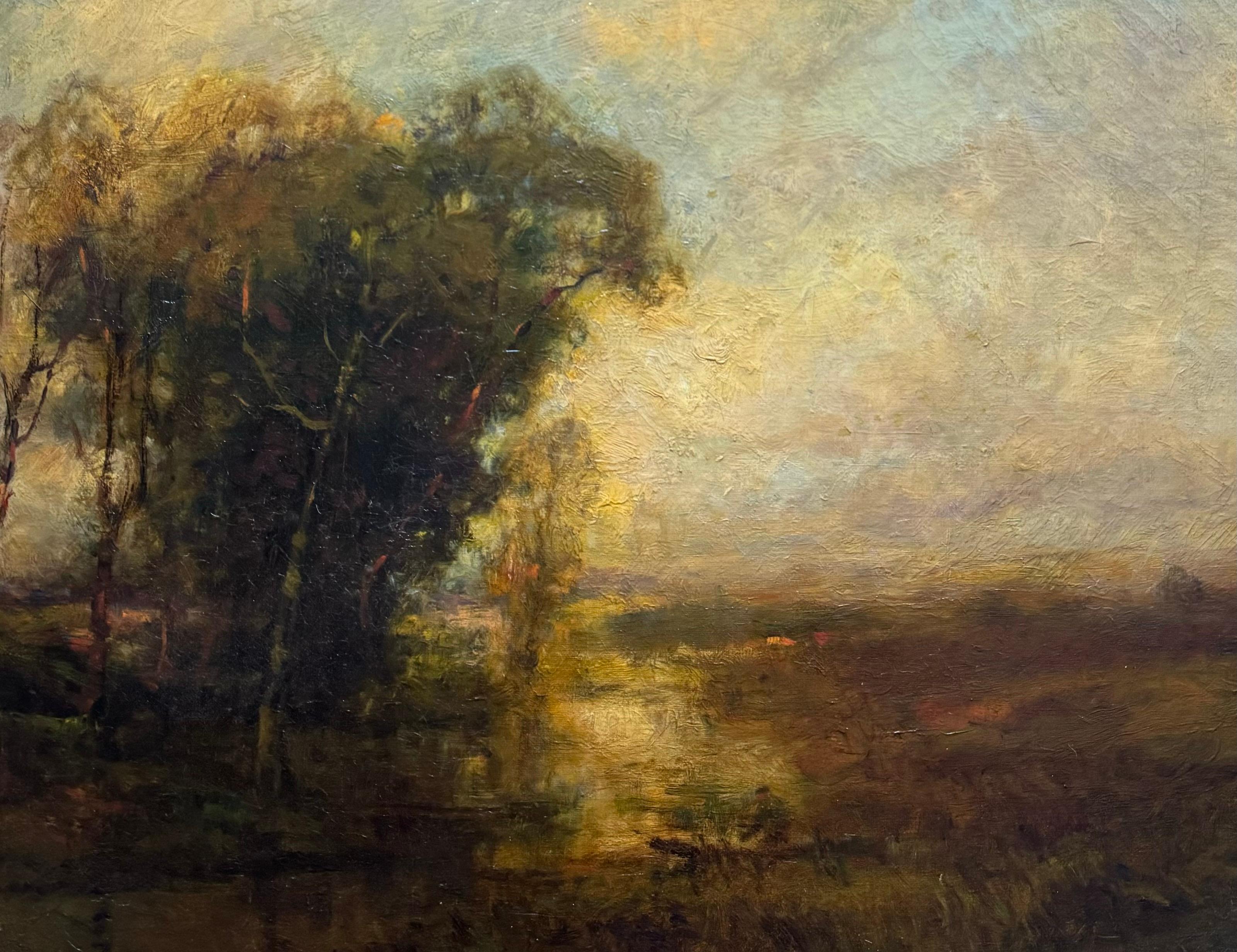 Antico 1900 Americano SUNSET Luminoso Paesaggio Ruscello Figura Con Barca in vendita 2