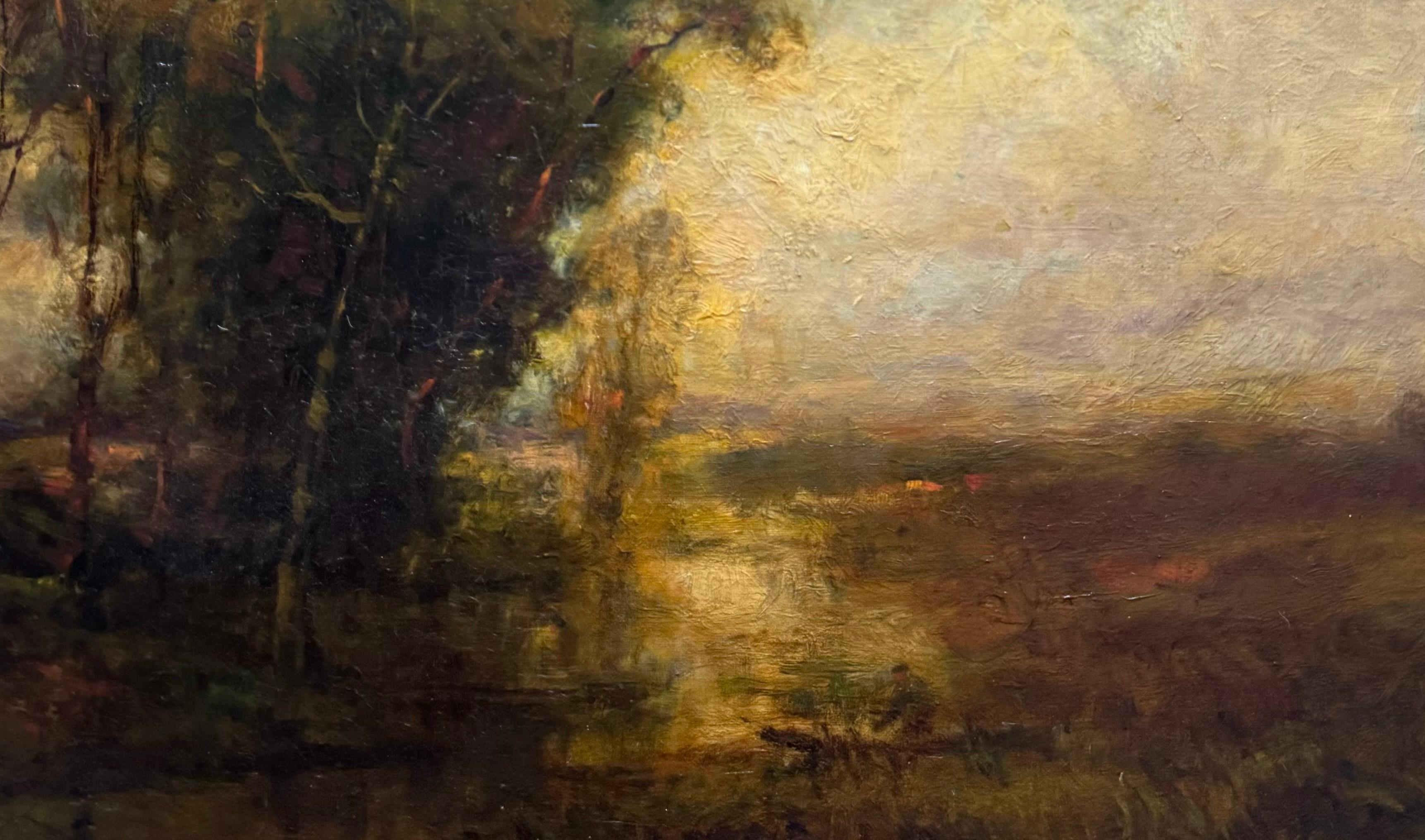 Antico 1900 Americano SUNSET Luminoso Paesaggio Ruscello Figura Con Barca in vendita 3