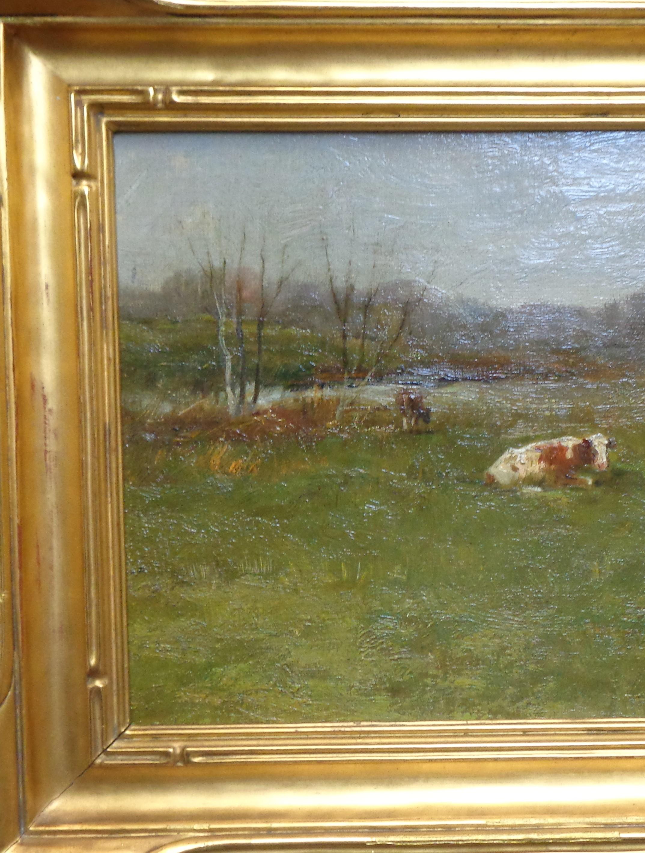 Charles Gruppe Painting Salmagundi Rock Port American Impressionist Farm w Cow - Brown Landscape Painting by Charles P Gruppe