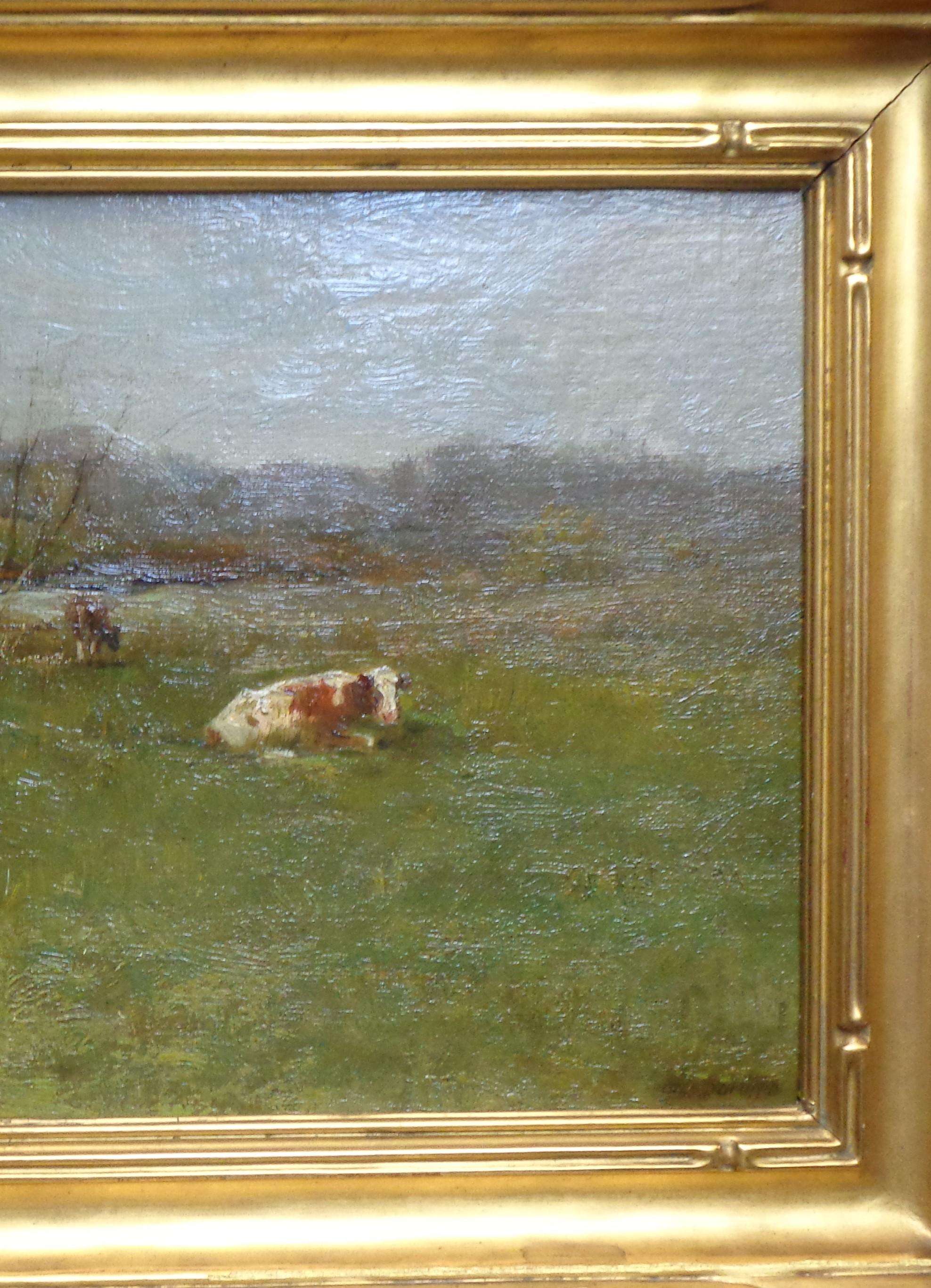 Charles P Gruppe 1860-1940
Pasture, Farm Scene with Cow
oil panel  8x10 unframed, 11.5 x  13.5 framed
 Colors are fresh and vibrant as the painting was recently cleaned by Pennsylvania Art Conservatory housed in original frame matching a 2nd farm