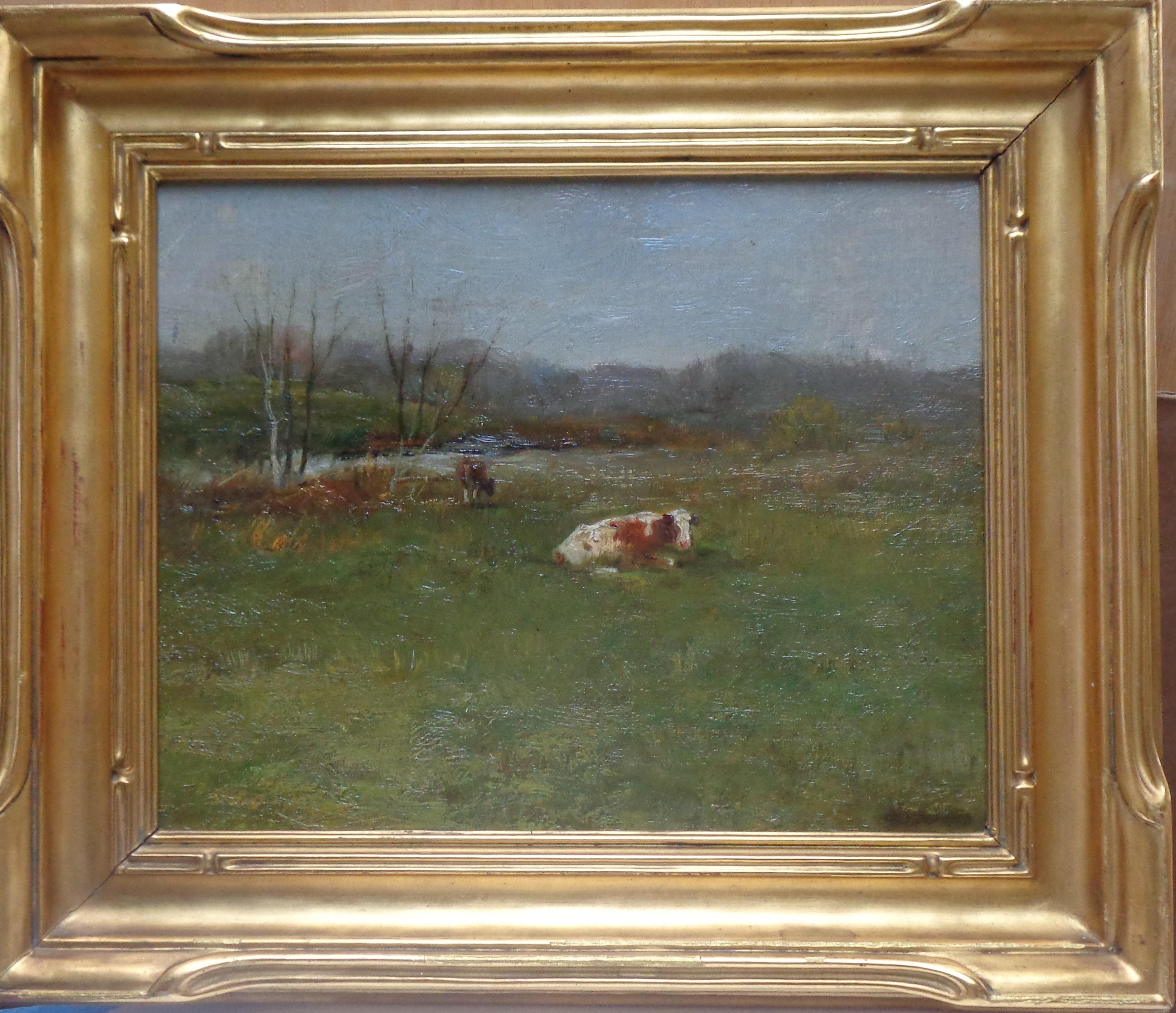 Charles P Gruppe Landscape Painting - Charles Gruppe Painting Salmagundi Rock Port American Impressionist Farm w Cow