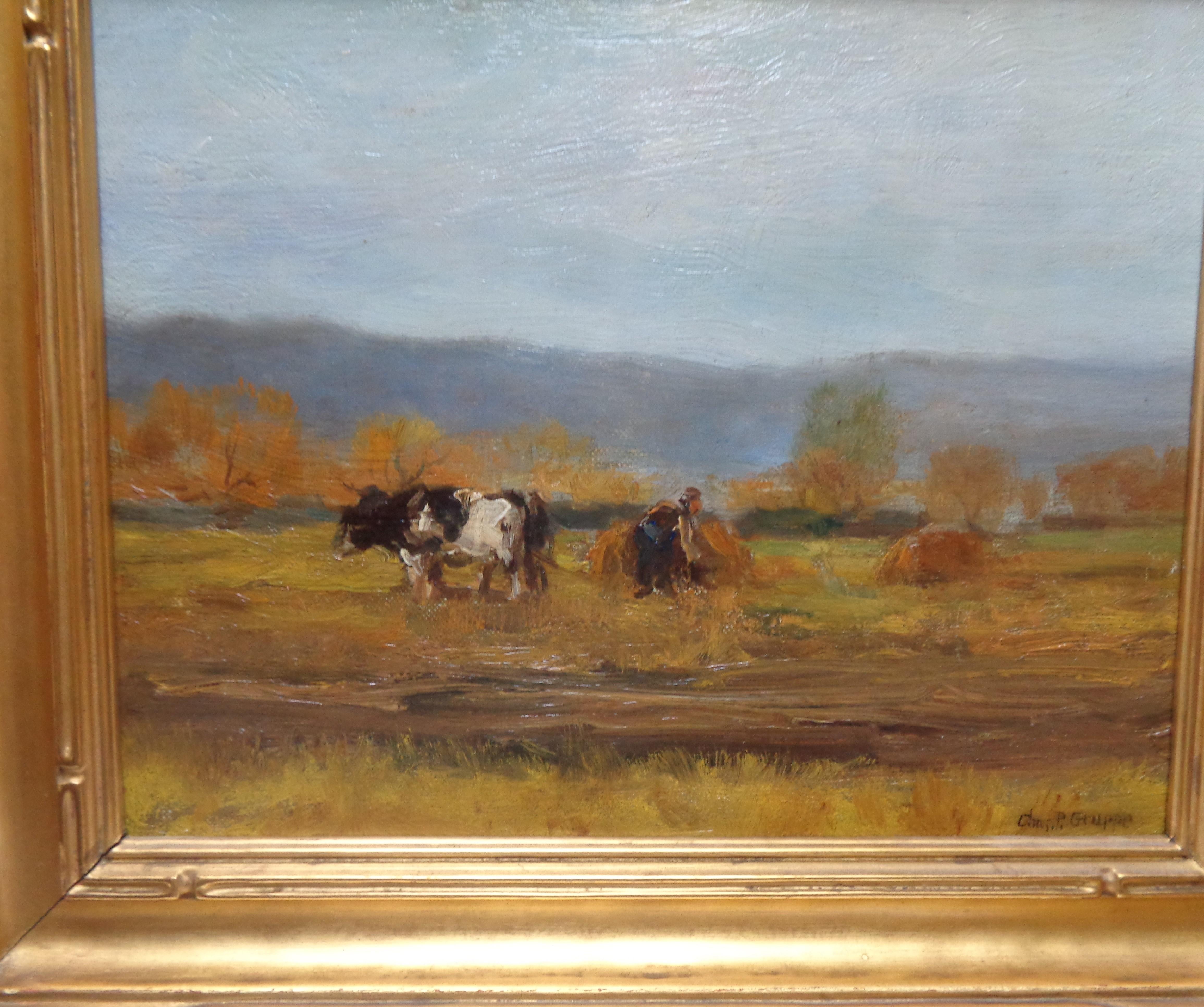 Charles P. Gruppe 1860-1940
Erntezeit, Bauernhof-Szene mit Kuh
Ölplatte  8x10 ungerahmt, 11,5 x  13,5 gerahmt
 Die Farben sind frisch und lebendig, wie das Gemälde wurde vor kurzem von Pennsylvania Art Conservatory gereinigt untergebracht in