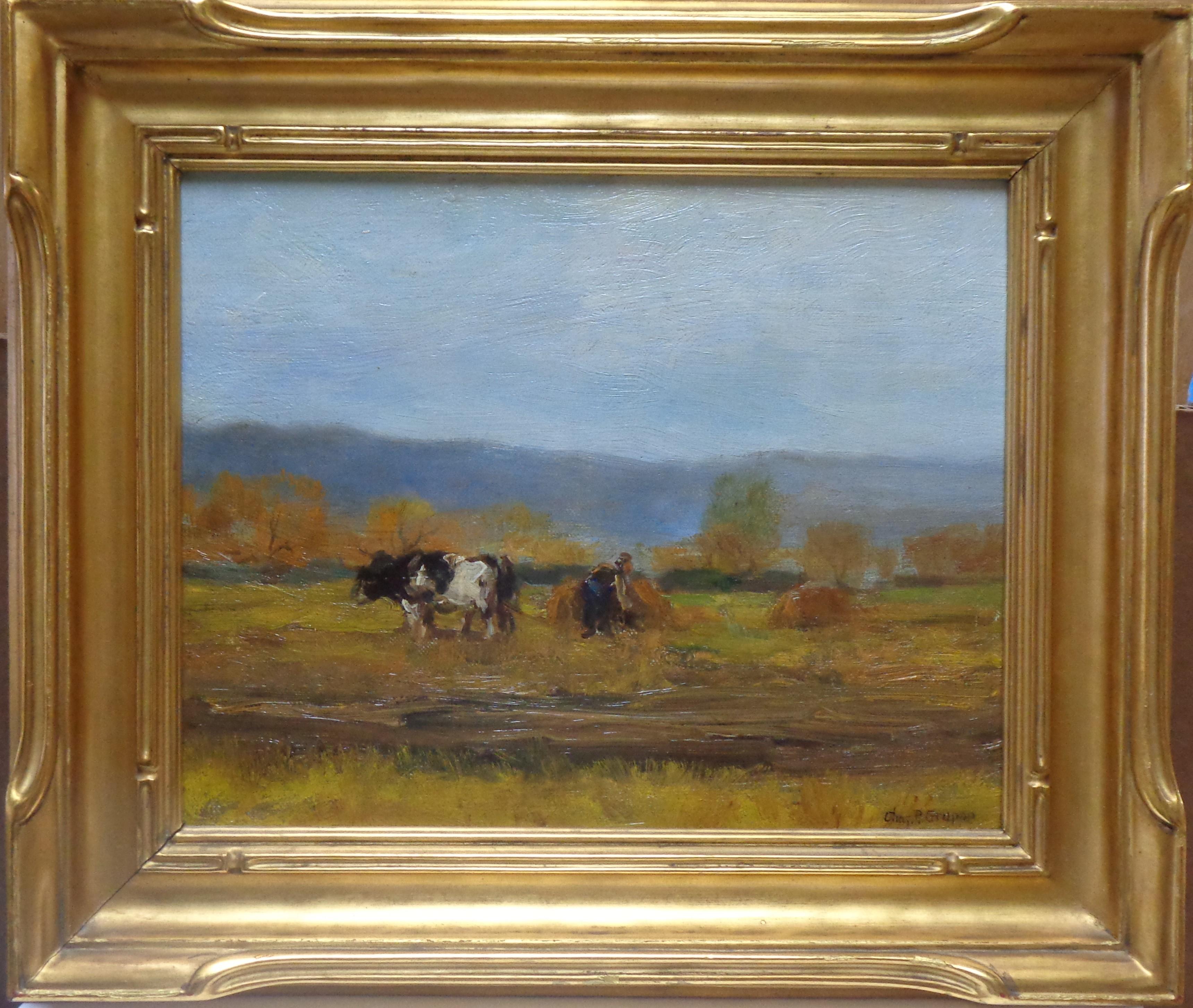 Charles P Gruppe Landscape Painting – Charles Gruppe, Gemälde, Salmagundi Rock Port, amerikanischer Impressionist  Bauernhof mit Kuh