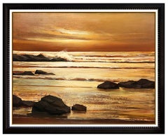 Vintage Charles Pabst Original Oil Painting On Canvas Signed Large Seascape Sunset Water