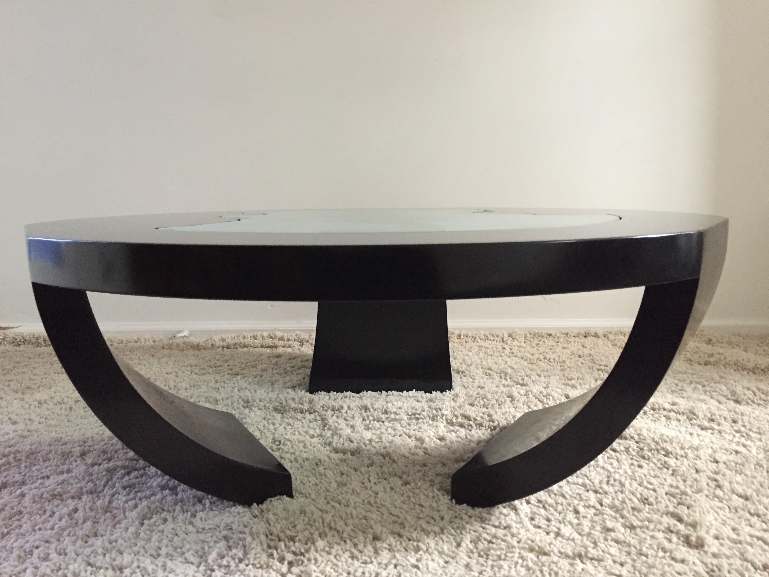 Mid-Century Modern Charles Pace Black Lacquer Etched/Engraved Glass Top Custom Coffee Table For Sale