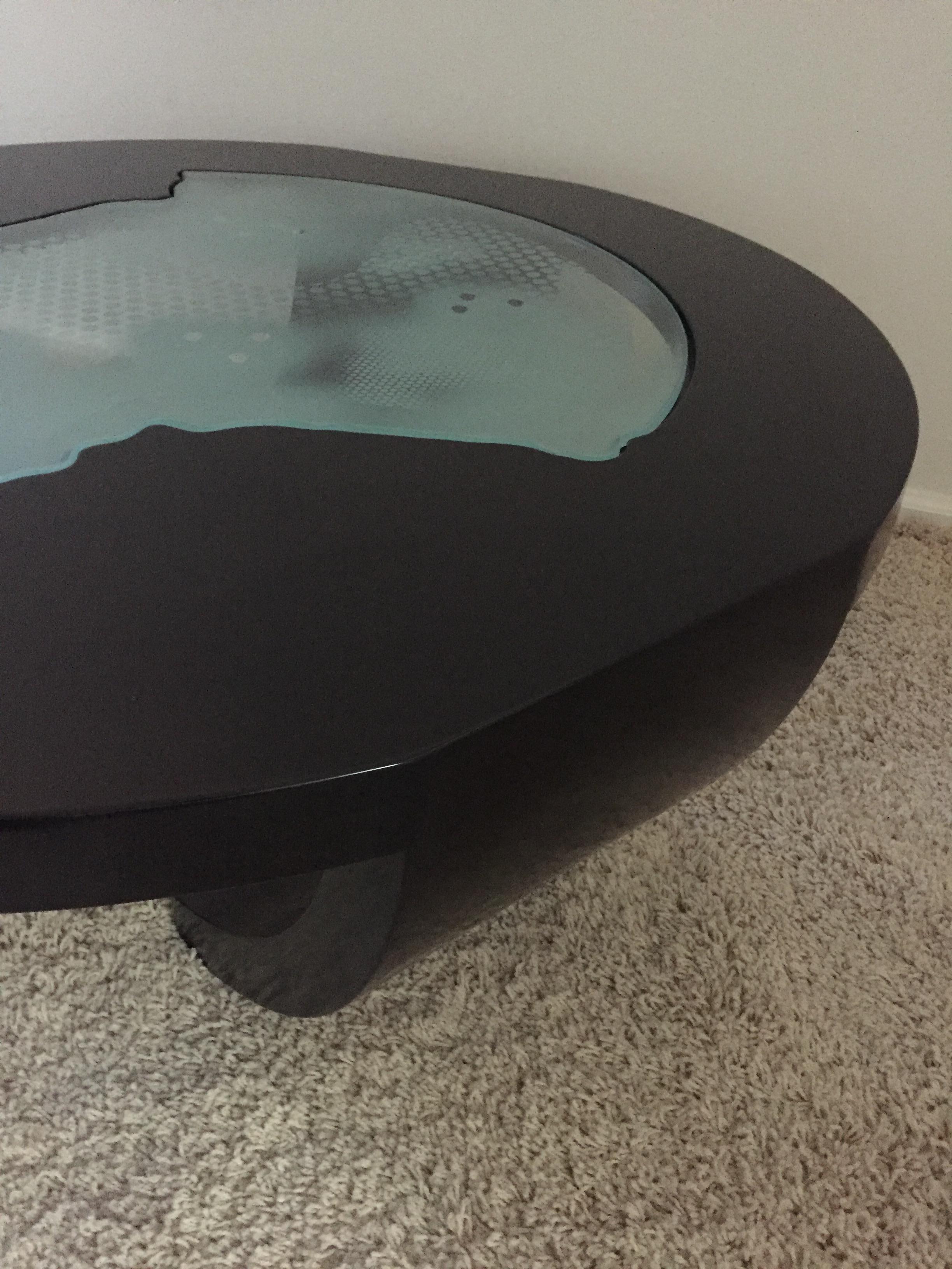 20th Century Charles Pace Black Lacquer Etched/Engraved Glass Top Custom Coffee Table For Sale