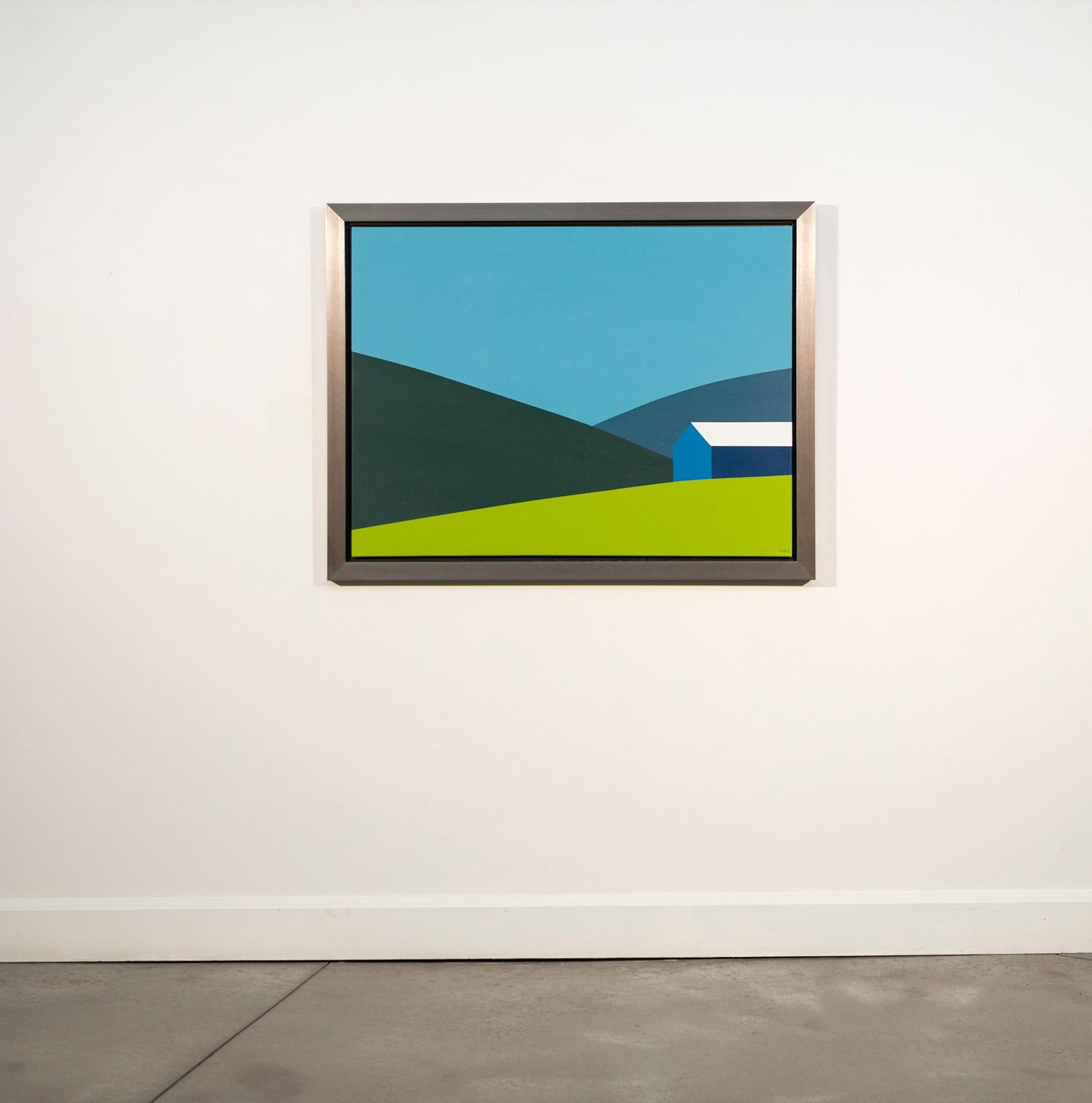 Granero Azul Campo Verde - paisaje, canadiense, contemporáneo, acrílico sobre lienzo en venta 1