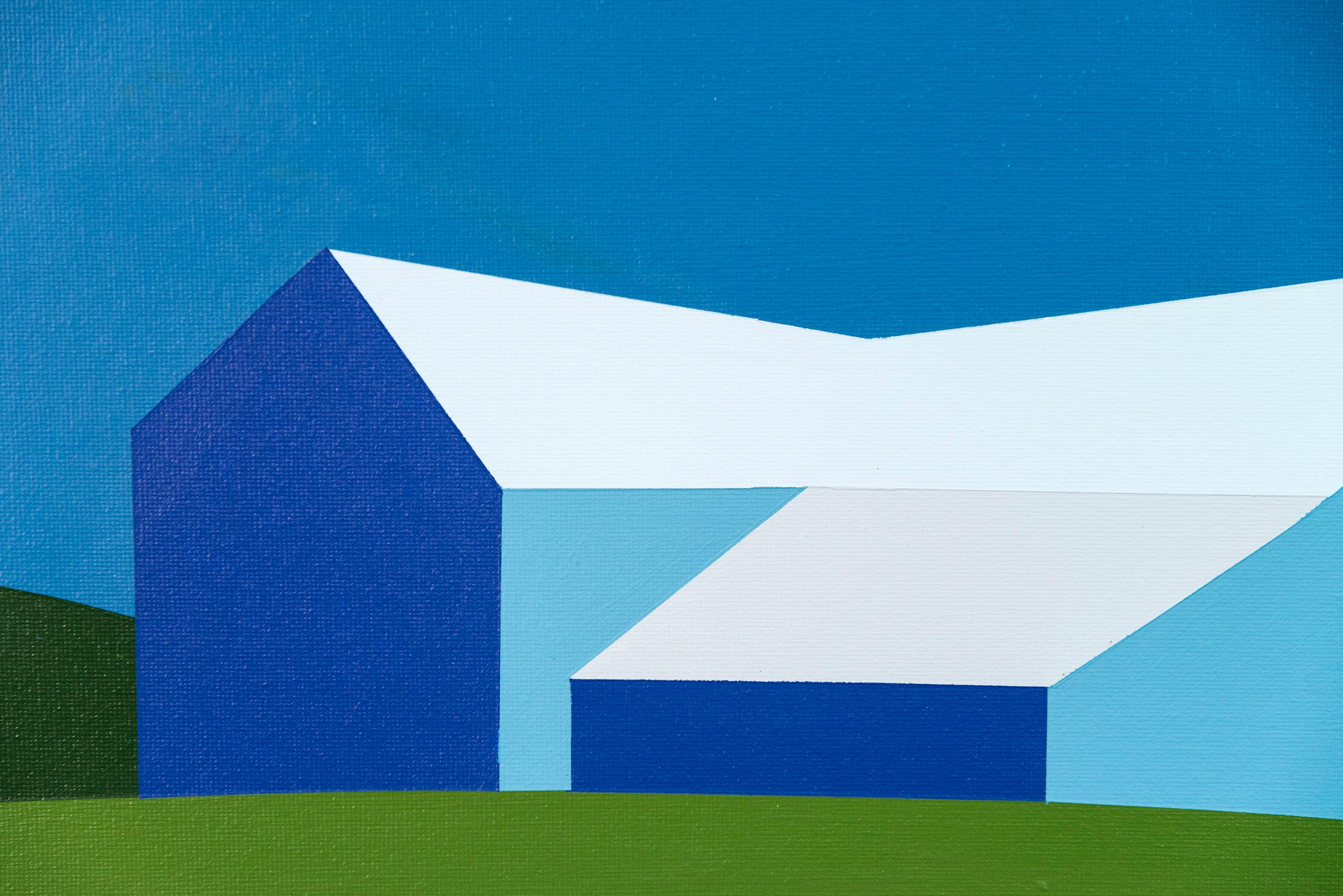 Fienile blu Campo verde (Piccolo) - paesaggio, contemporaneo, acrilico su tela 1