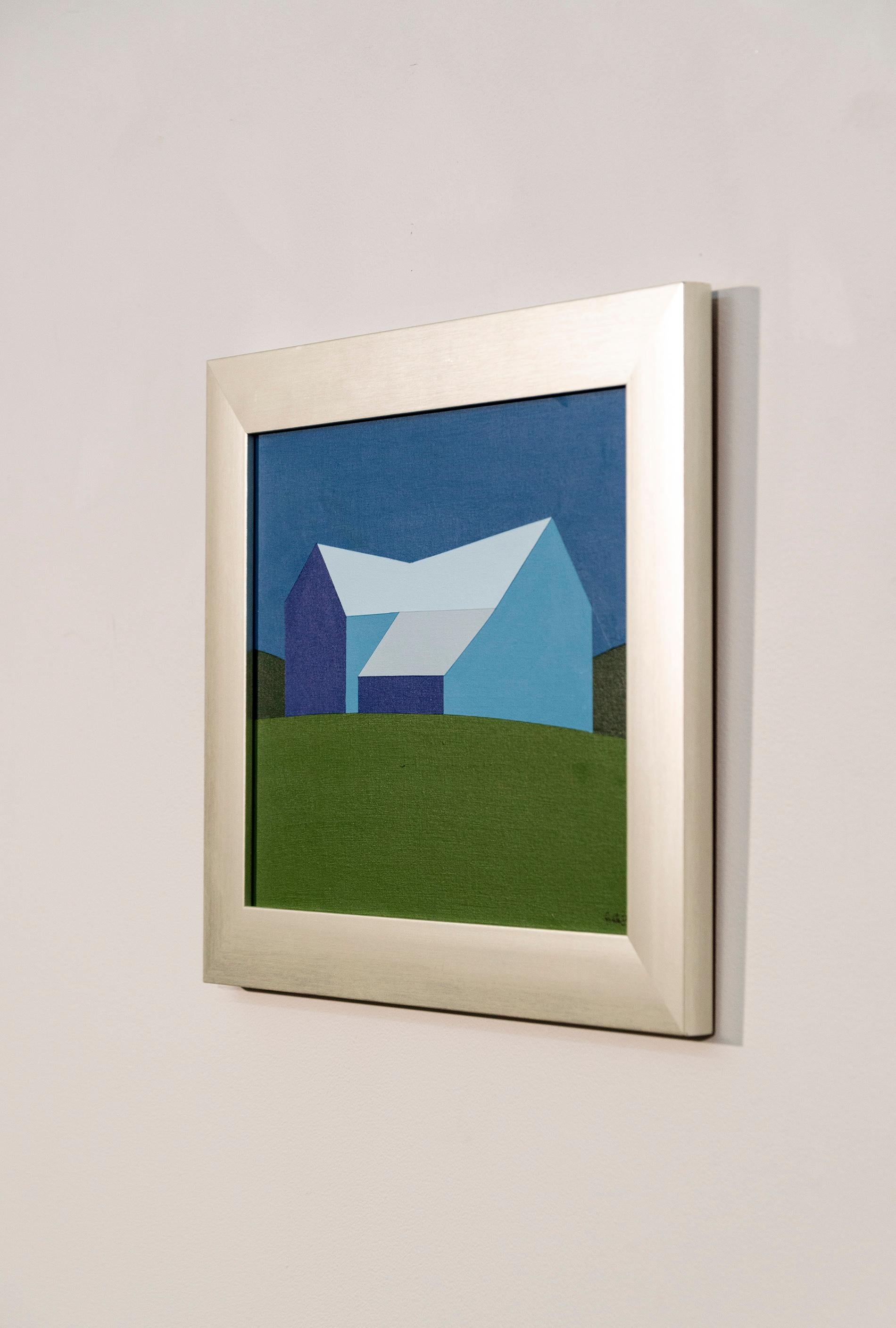 Fienile blu Campo verde (Piccolo) - paesaggio, contemporaneo, acrilico su tela 3