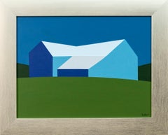 Blue Barn Green Field (Small) - landscape, contemporary, acrylic on canvas