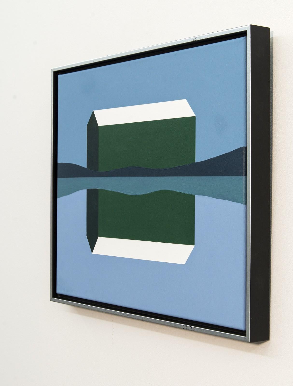 Green Barn Reflected - blue, landscape, abstracted, pop-art, acrylic on canvas - Painting by Charles Pachter