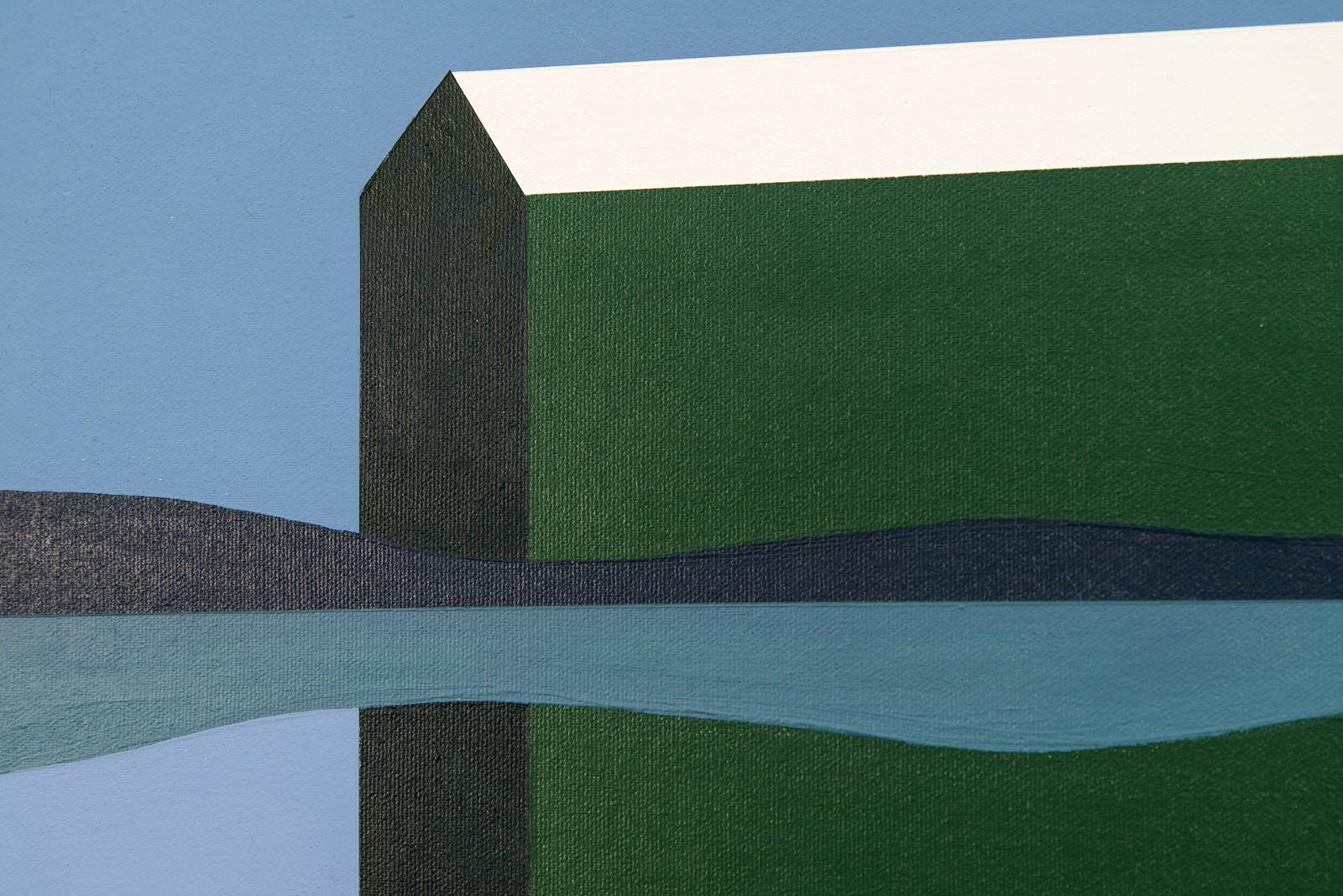 Grüner Barn Reflected – blau, Landschaft, abstrahiert, Pop-Art, Acryl auf Leinwand (Grau), Landscape Painting, von Charles Pachter