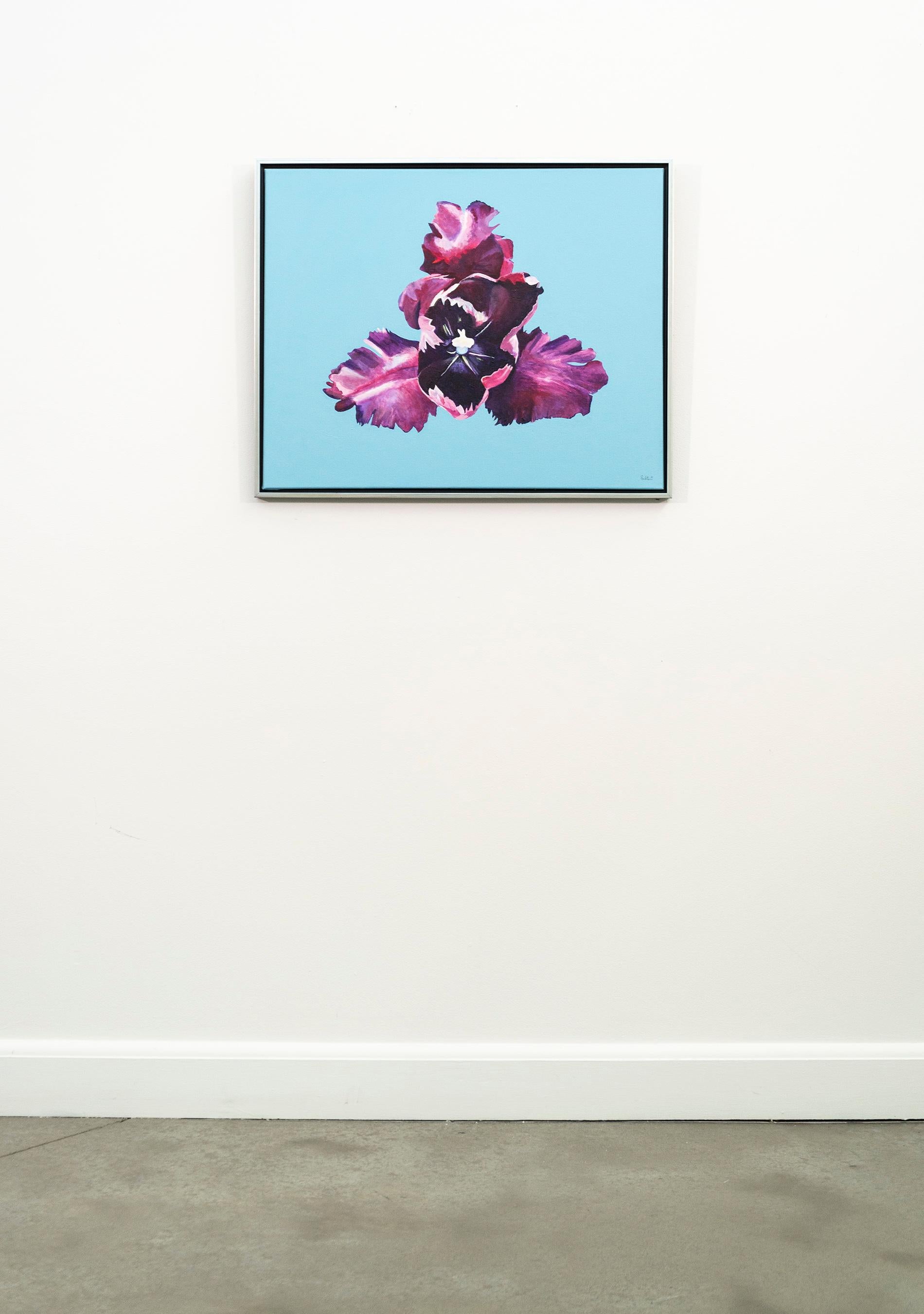 Canadian artist Charles Pachter has long been cherished for painting pop art images that are patriotic and lift the spirits. This bold rendition of an iris is one of a new series of pieces illustrating flowers created in 2021. The dark purple, pink,