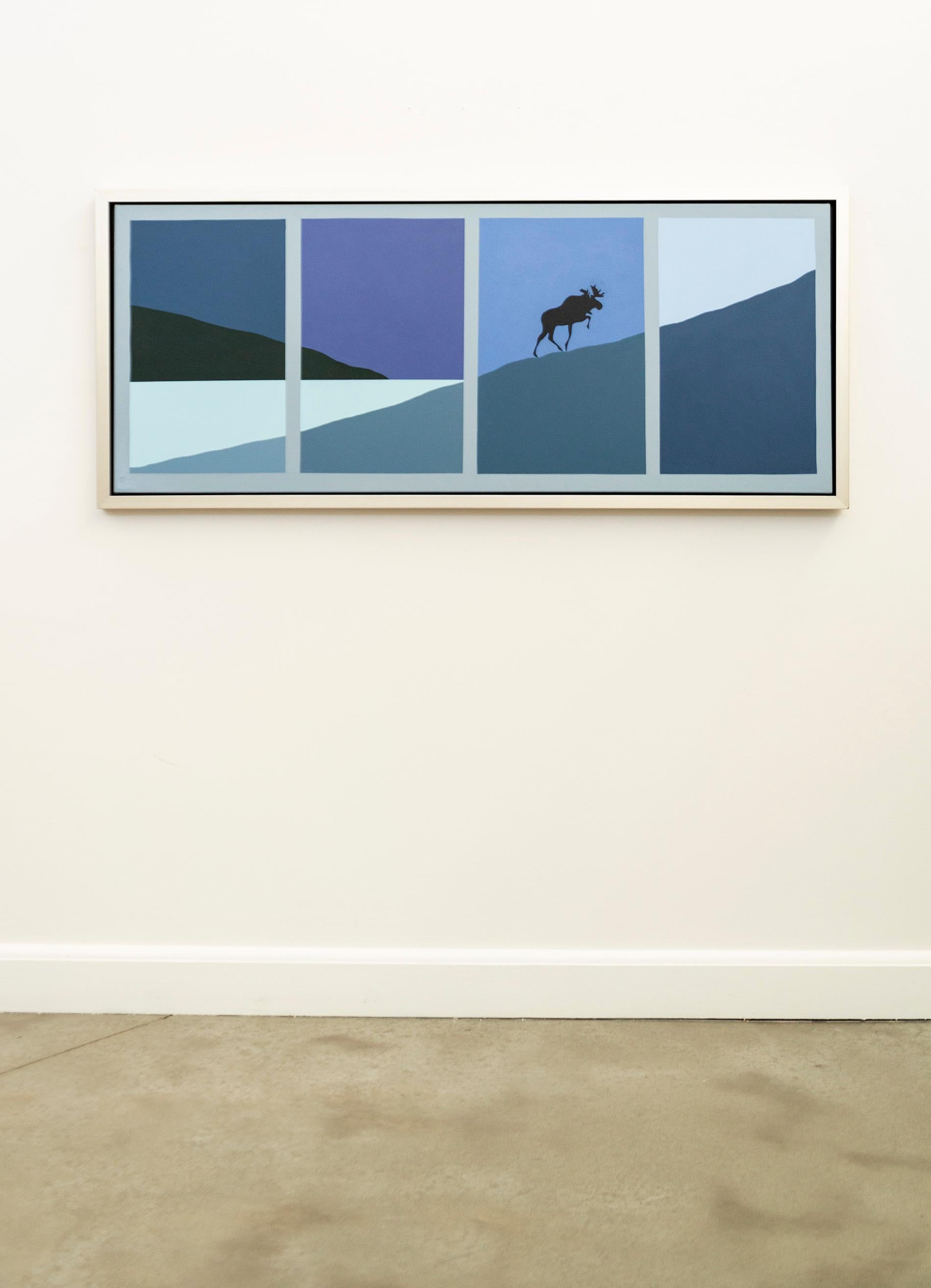 In this panoramic view of the Canadian wilderness by Charles Pachter—a lone moose climbs a mountain framed by a lake and sky. Famous for his iconic national imagery, Pachter’s contemporary artwork has often featured a moose, an endearing majestic