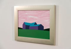 Purple Barn Green Field - minimalist, contemporary, landscape, acrylic on canvas