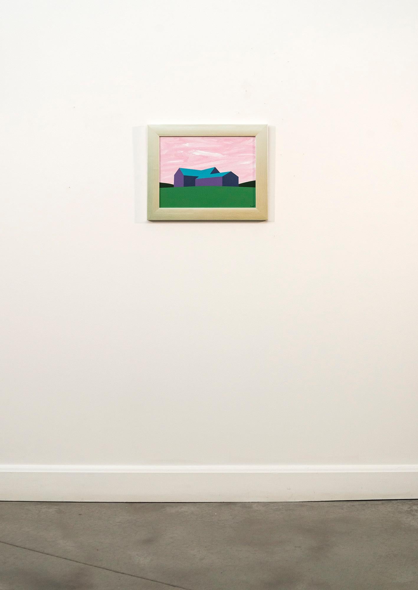 Fienile viola Campo verde - minimalista, contemporaneo, paesaggio, acrilico su tela - Landscape Painting Beige di Charles Pachter