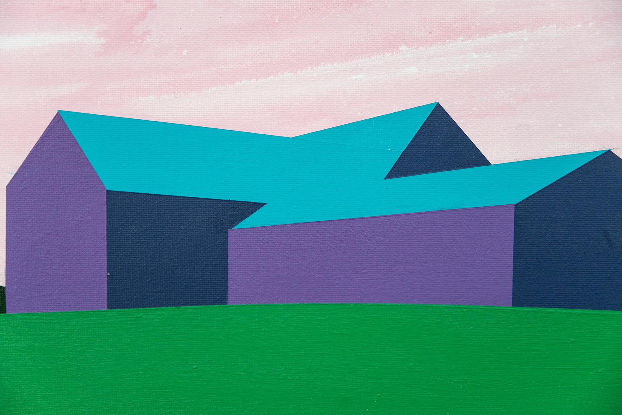 Fienile viola Campo verde - minimalista, contemporaneo, paesaggio, acrilico su tela in vendita 1