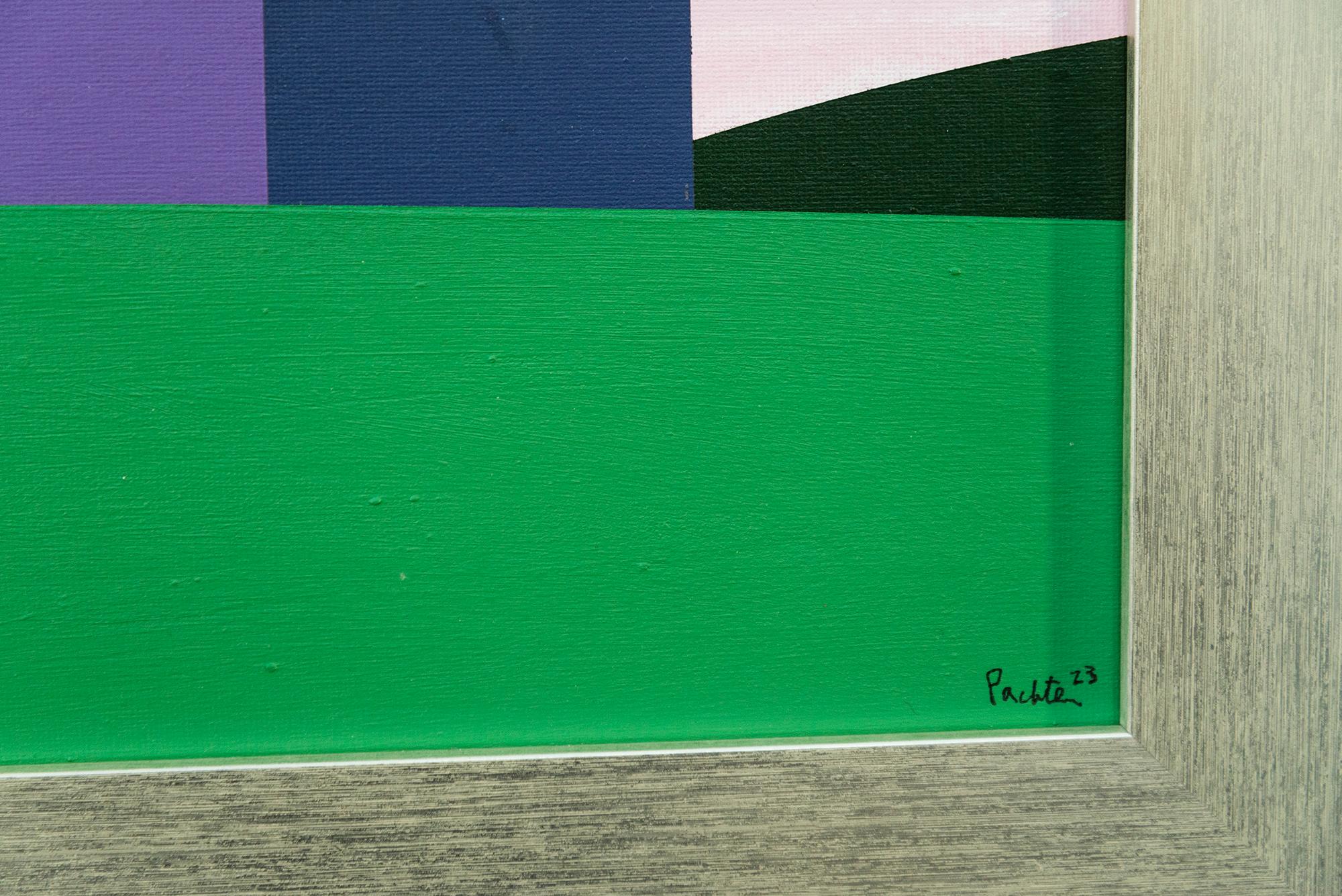 Fienile viola Campo verde - minimalista, contemporaneo, paesaggio, acrilico su tela in vendita 2