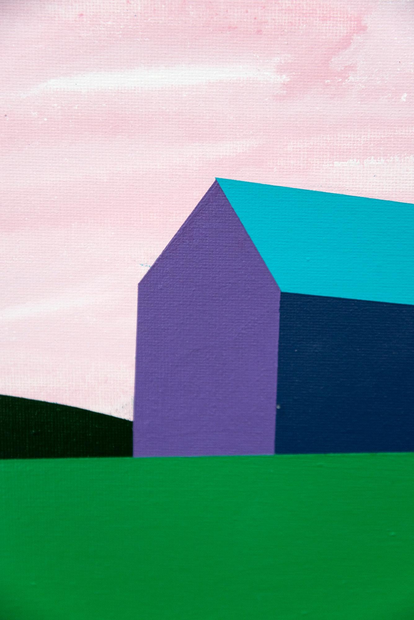 Fienile viola Campo verde - minimalista, contemporaneo, paesaggio, acrilico su tela in vendita 3