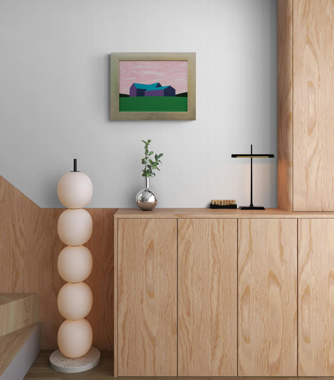 Fienile viola Campo verde - minimalista, contemporaneo, paesaggio, acrilico su tela in vendita 4