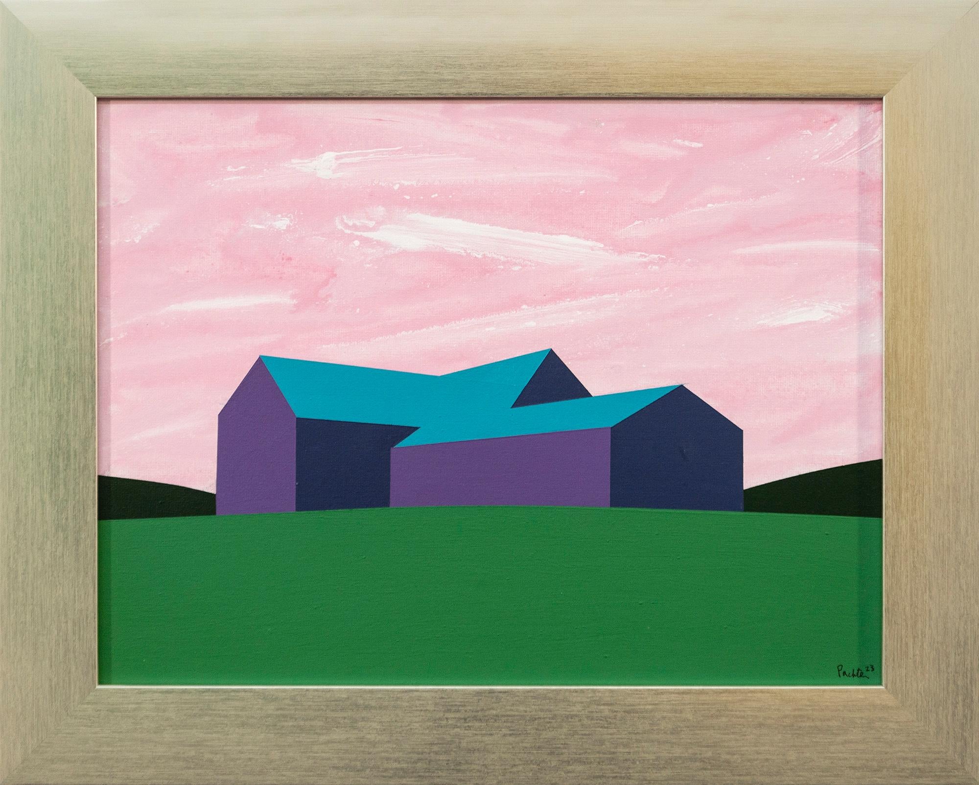 Landscape Painting di Charles Pachter - Fienile viola Campo verde - minimalista, contemporaneo, paesaggio, acrilico su tela