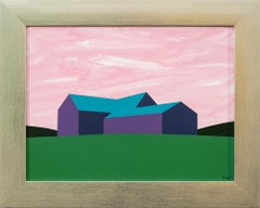 Fienile viola Campo verde - minimalista, contemporaneo, paesaggio, acrilico su tela