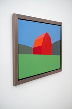 Red Barn Green Field - contemporary, abstract landscape, acrylic on canvas