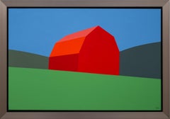 Red Barn Green Field - contemporary, abstract landscape, acrylic on canvas