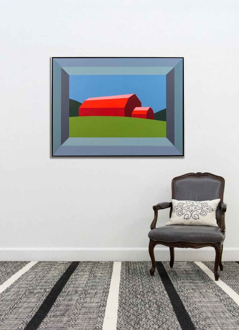 Red Barn Green Field - landscape, abstracted, pop-art, acrylic on canvas - Painting by Charles Pachter