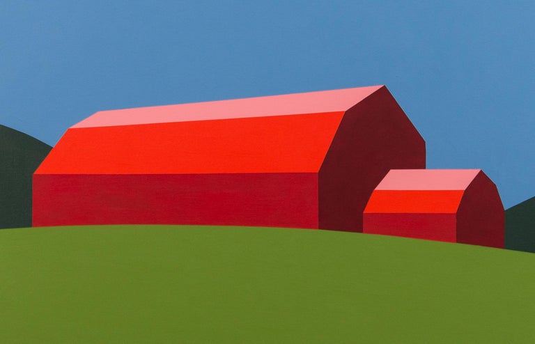 Red Barn Green Field - landscape, abstracted, pop-art, acrylic on canvas - Gray Abstract Painting by Charles Pachter