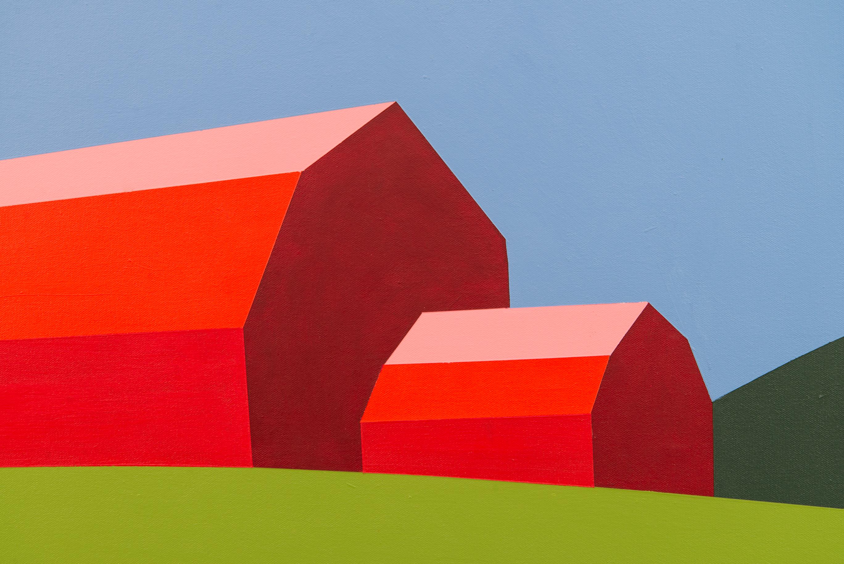 Red Barn Green Field - landscape, abstracted, pop-art, acrylic on canvas - Contemporary Painting by Charles Pachter