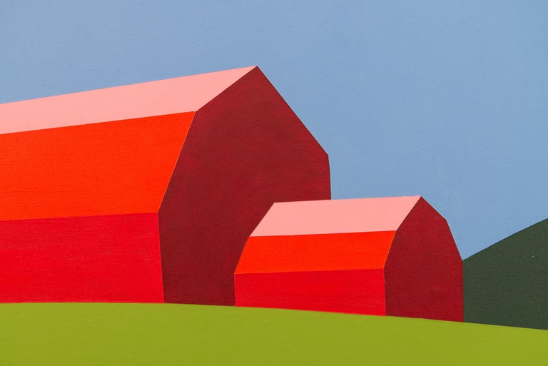Red Barn Green Field - landscape, abstracted, pop-art, acrylic on canvas For Sale 1