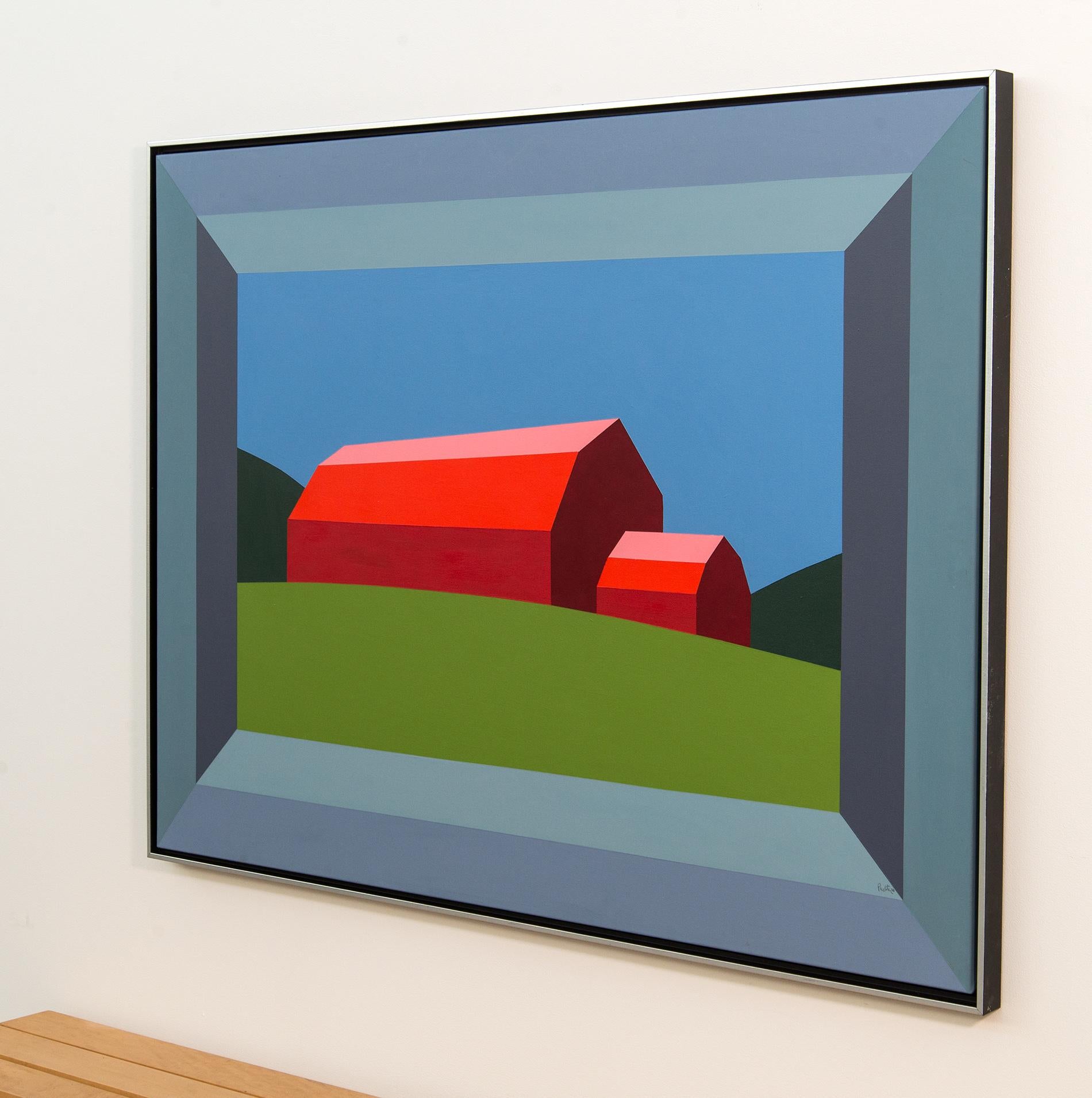 Red Barn Green Field - landscape, abstracted, pop-art, acrylic on canvas - Gray Abstract Painting by Charles Pachter