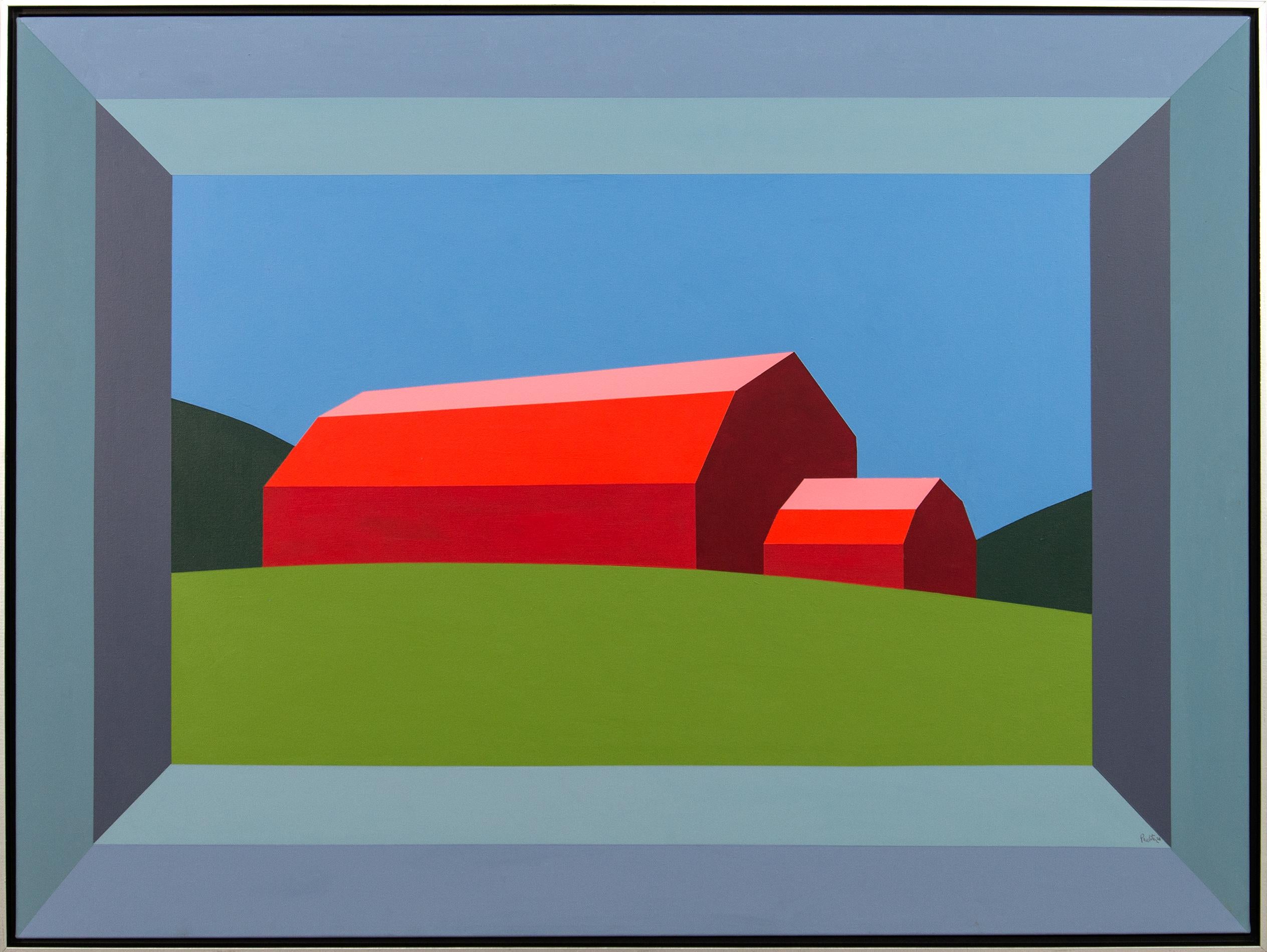 Red Barn Green Field - landscape, abstracted, pop-art, acrylic on canvas