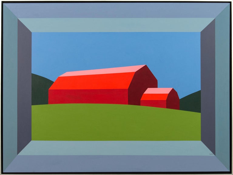 Charles Pachter Abstract Painting - Red Barn Green Field - landscape, abstracted, pop-art, acrylic on canvas