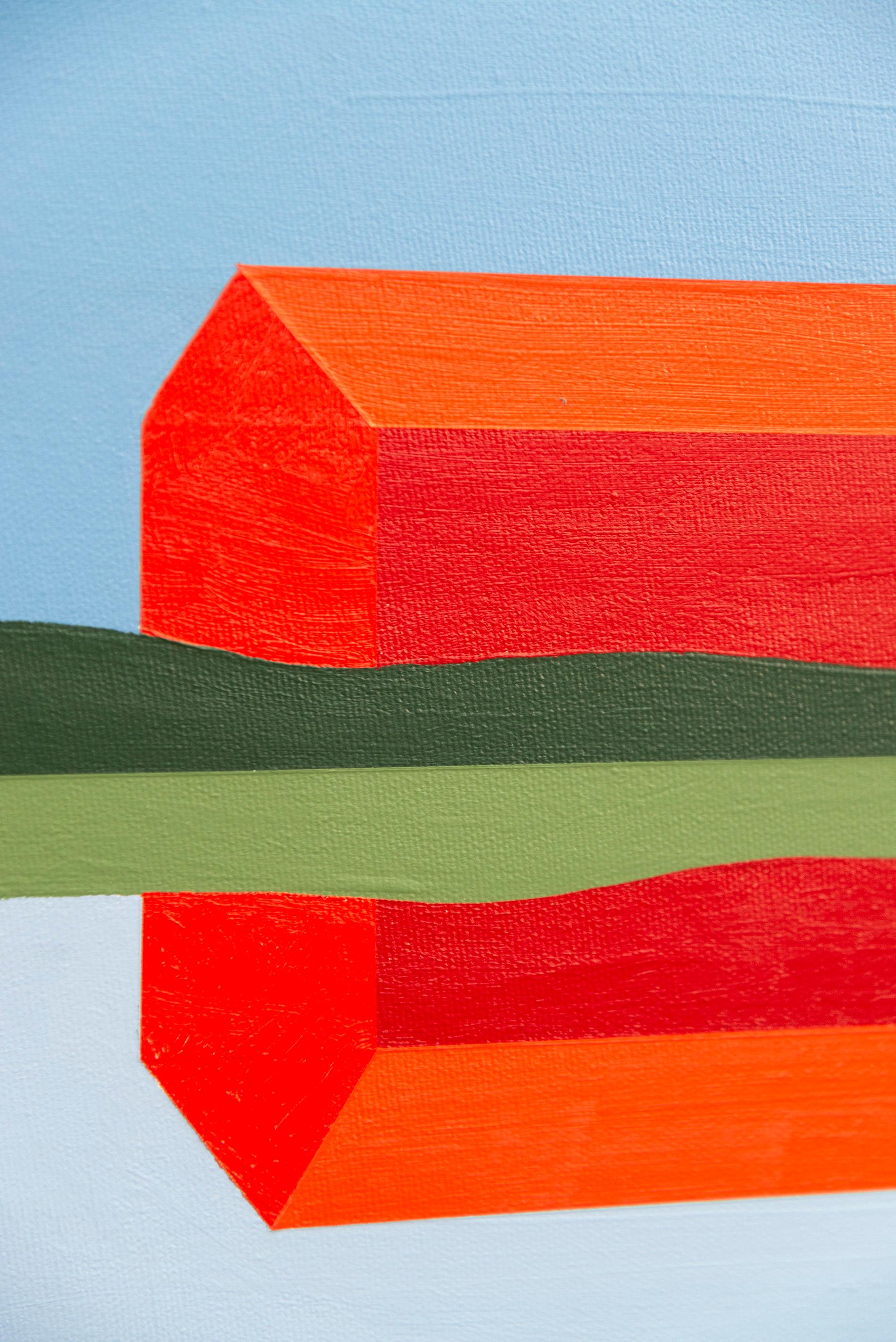 Granero Rojo Reflejado 2022 - pintura, minimalista, paisaje, acrílico sobre lienzo 2