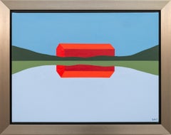 Red Barn Reflected 2022 – Gemälde, minimalistisch, Landschaft, Acryl auf Leinwand