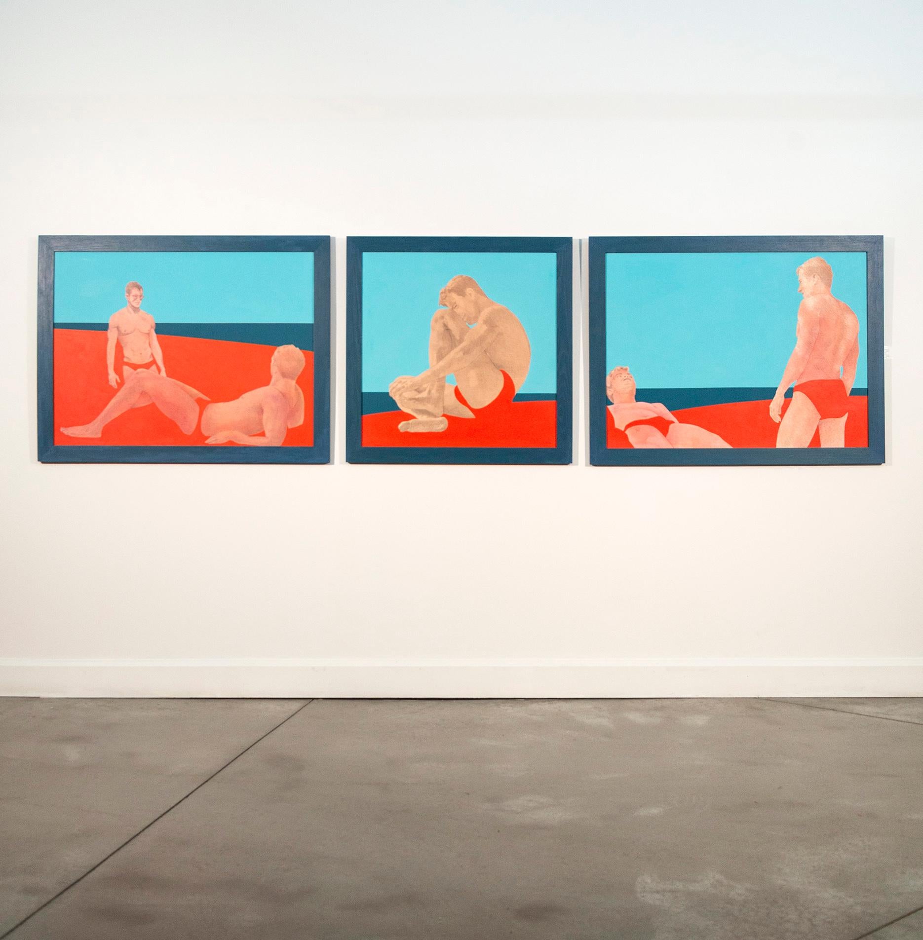 Sandbar Trilogy is a brilliantly colorful pop art painting, an ode to the popular gay beach scene in Miami, Florida. Three panels of male figures  are seen lounging, sitting and standing. The painting style—graphic, semi-abstract and hard-edged is