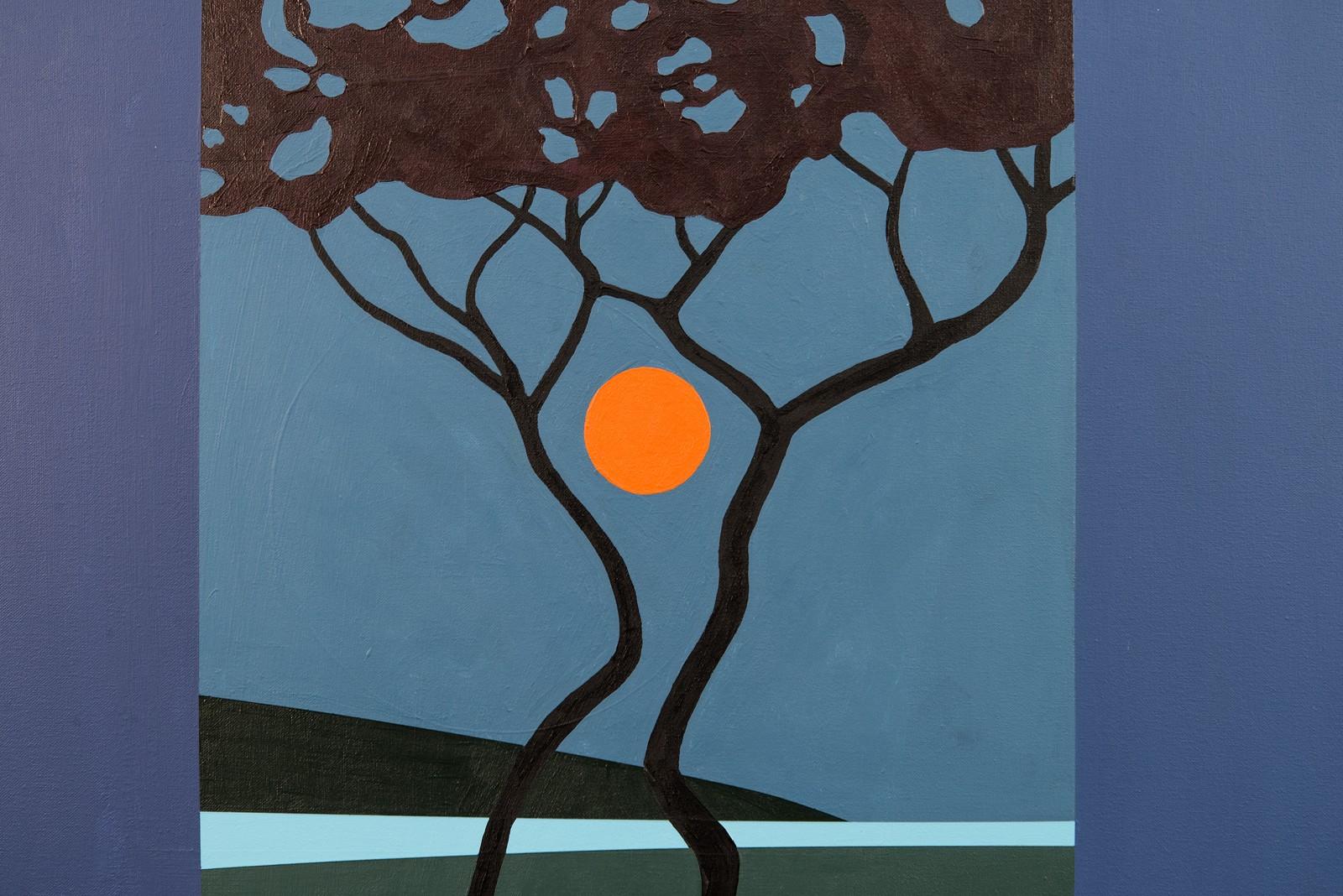 Sumach-Mond – blau, orange, Bäume, Mond, grafisch, Pop-Art, Landschaft, Acryl (Zeitgenössisch), Painting, von Charles Pachter