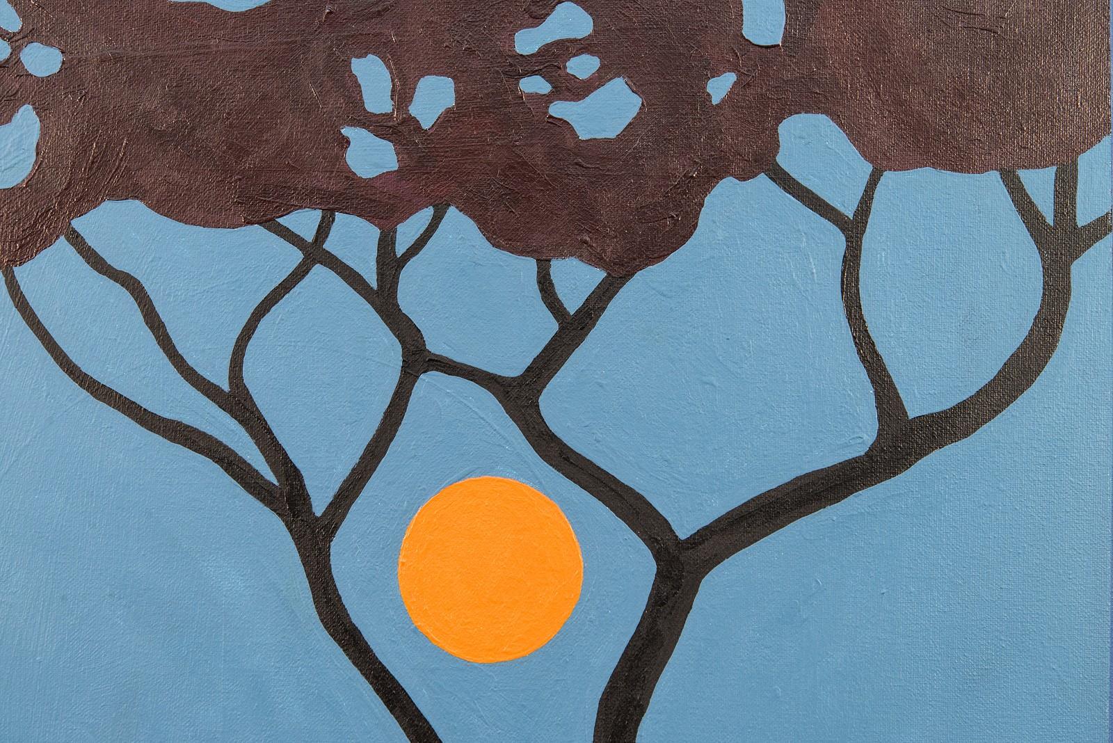 Sumach-Mond – blau, orange, Bäume, Mond, grafisch, Pop-Art, Landschaft, Acryl (Grau), Still-Life Painting, von Charles Pachter