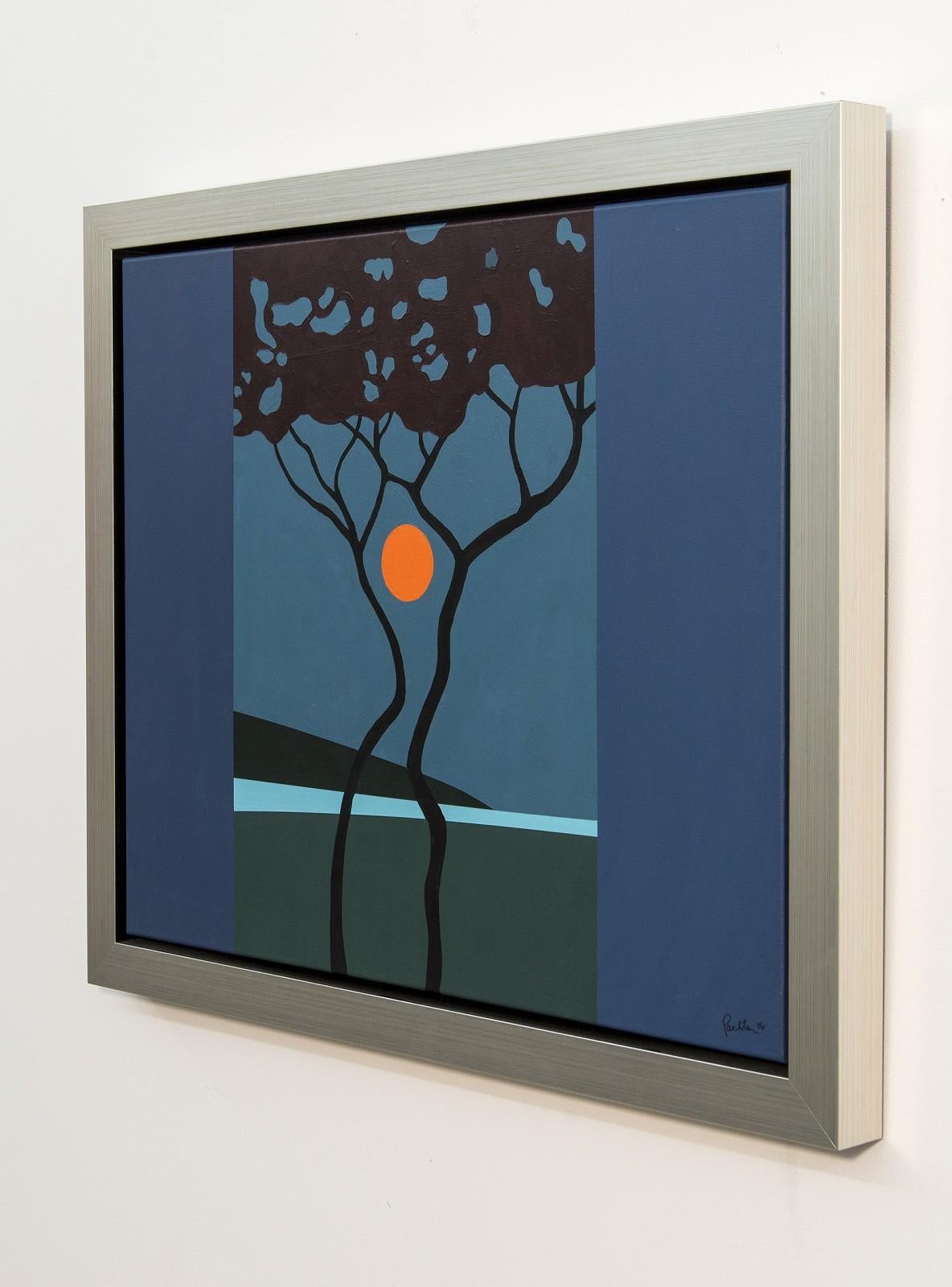 Sumach Moon - blue, orange, trees, moon, graphic, pop-art, landscape, acrylic - Gray Still-Life Painting by Charles Pachter
