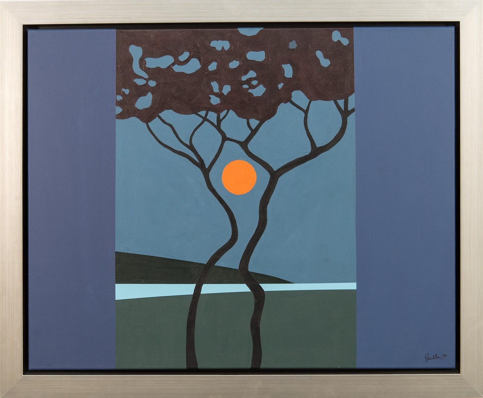 Charles Pachter Still-Life Painting – Sumach-Mond – blau, orange, Bäume, Mond, grafisch, Pop-Art, Landschaft, Acryl