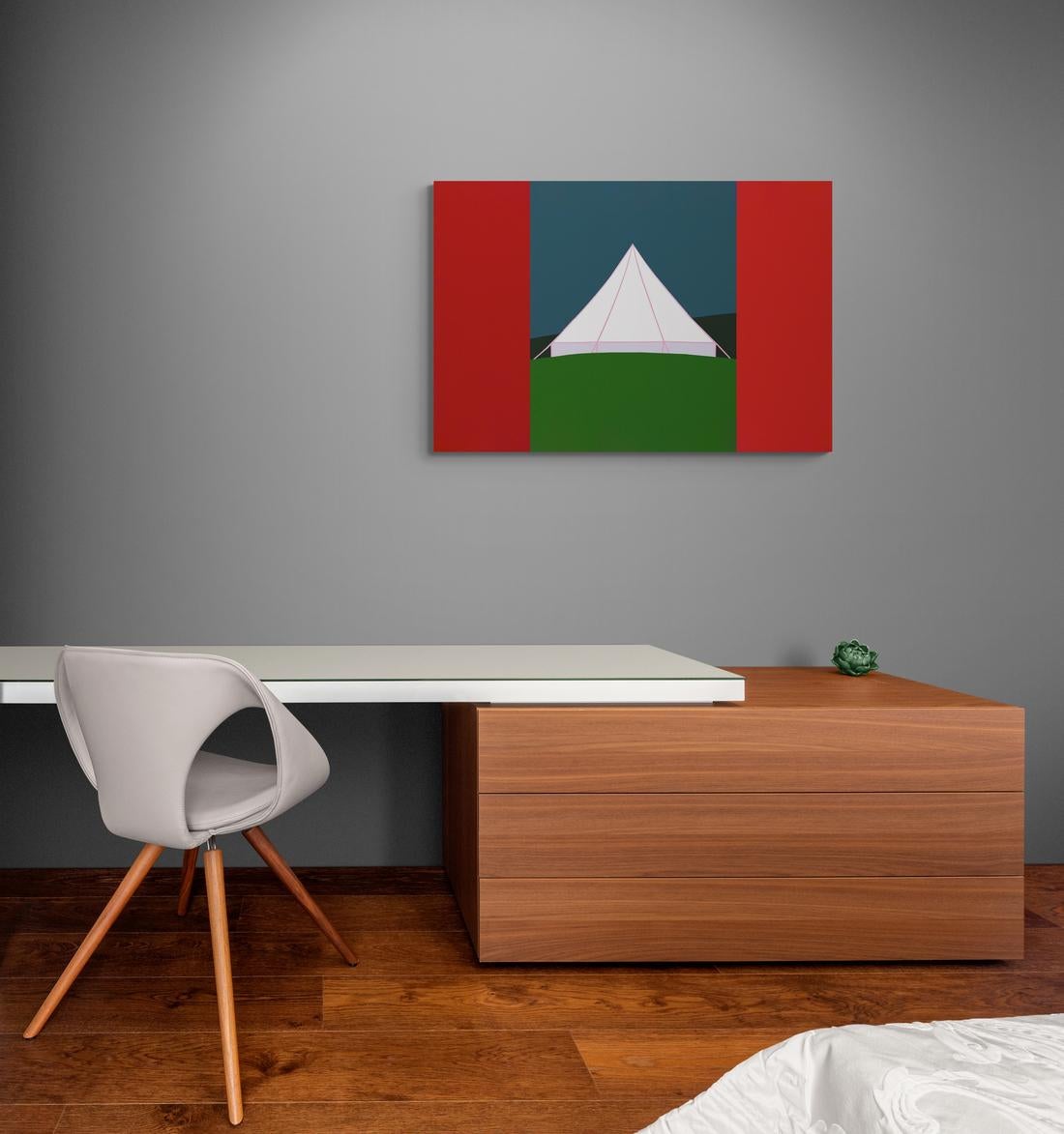 This particular painting is a play on the form of the Canadian flag, the military history of Canada, the journey implied by the use of the tent, and of course, the primary symbolism of the pyramid. In true Pachter form, he manages to challenge and