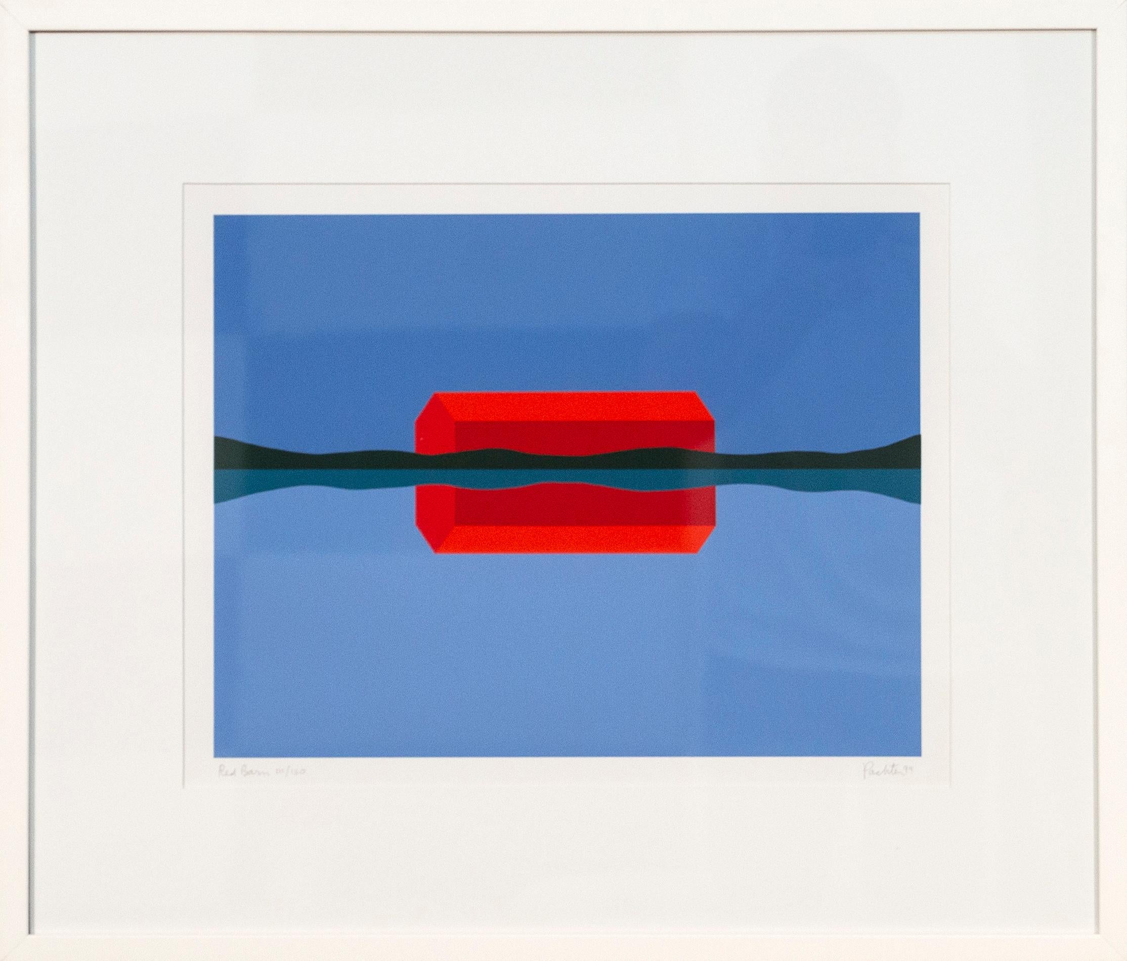 Charles Pachter Landscape Print - Red Barn Reflected 111/150- blue, landscape, abstracted, pop-art, minimalist