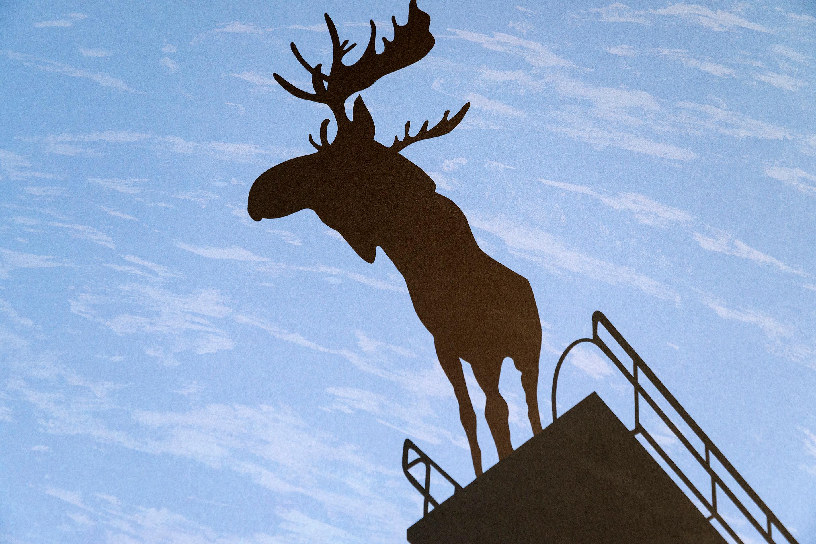 Pop artist Charles Pachter is having fun with the image of a moose in this serigraph. The iconic Canadian image is rendered in black, standing on the edge of a high diving board as if about to make a stunning Olympic-worthy dive. The deep blue and